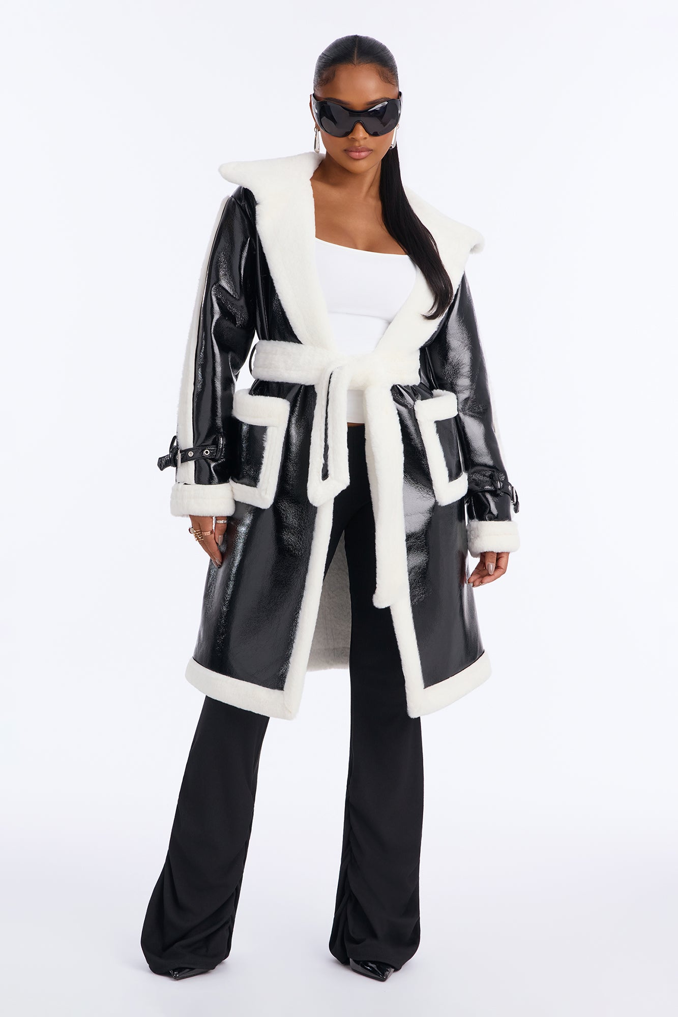 Waiting Games Shearling Trench - Black/White