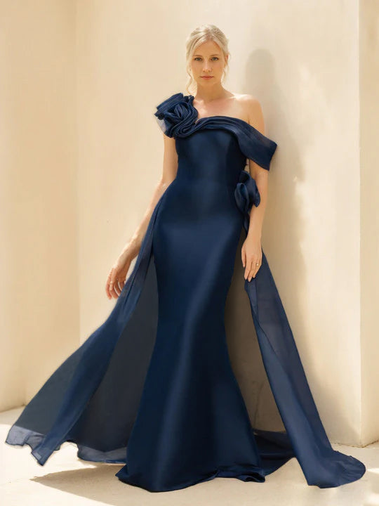 Off-the-Shoulder Floor-Length Mother of the Bride & Groom Dress with Long Sleeves Flower and Overskirt