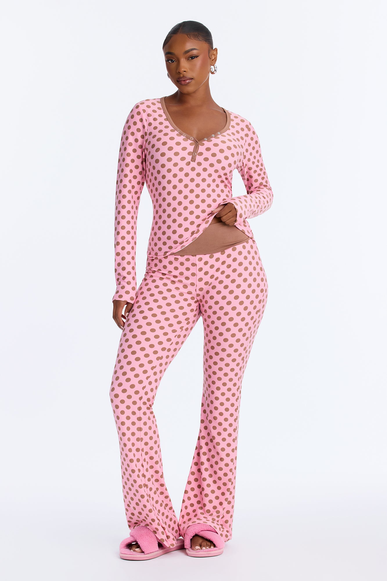 Perfect Cozy Night Henley Long Sleeve Wide Leg PJ Pant Set - Pink