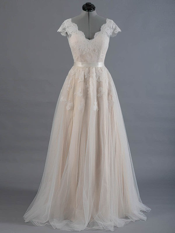 Glamorous V-Neck Tulle Lace Ball Gown Floor-Length Wedding Dresses with Ribbon