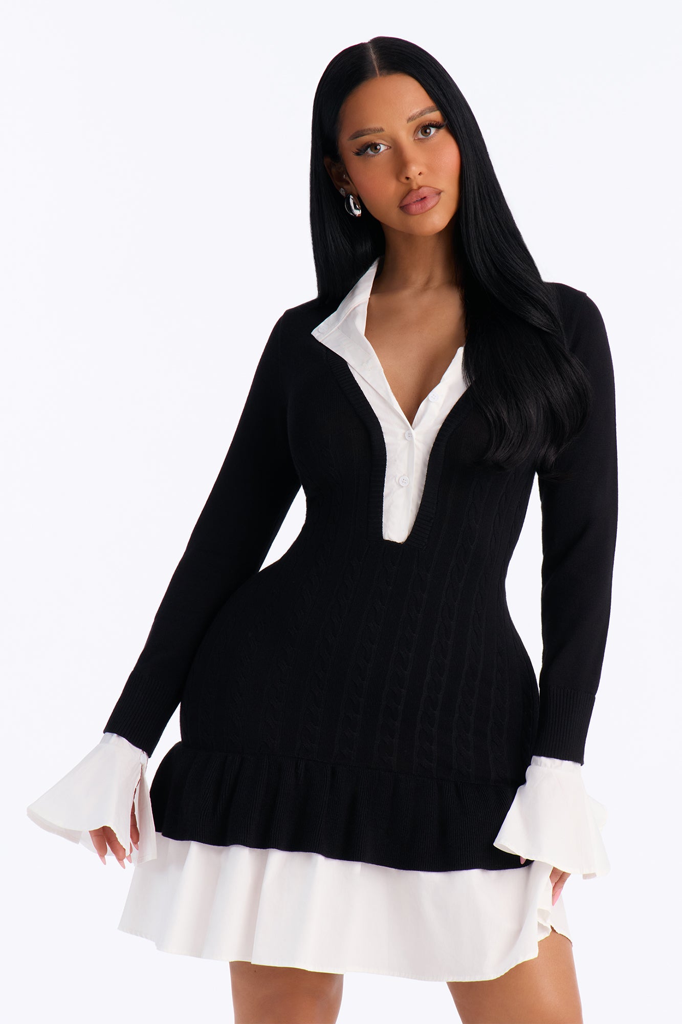 Marguax Long Sleeve Mini Dress - Black/White