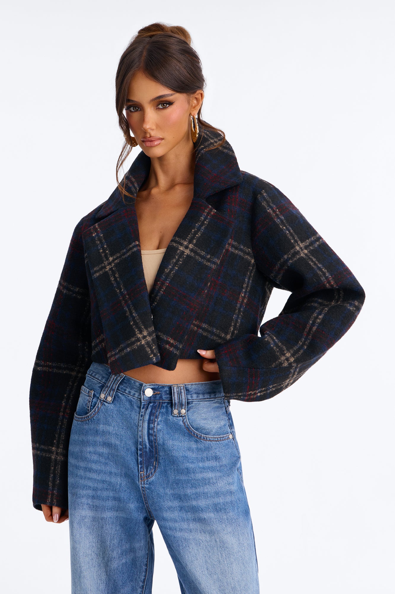 Lauryn Plaid Oversized Lapel Cropped Coat - Navy/combo