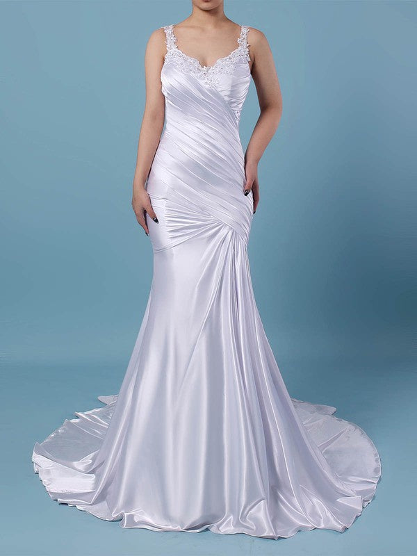 Glamorous V-Neck Sleeveless Mermaid Satin Sweep Train Wedding Dresses with Ruffles