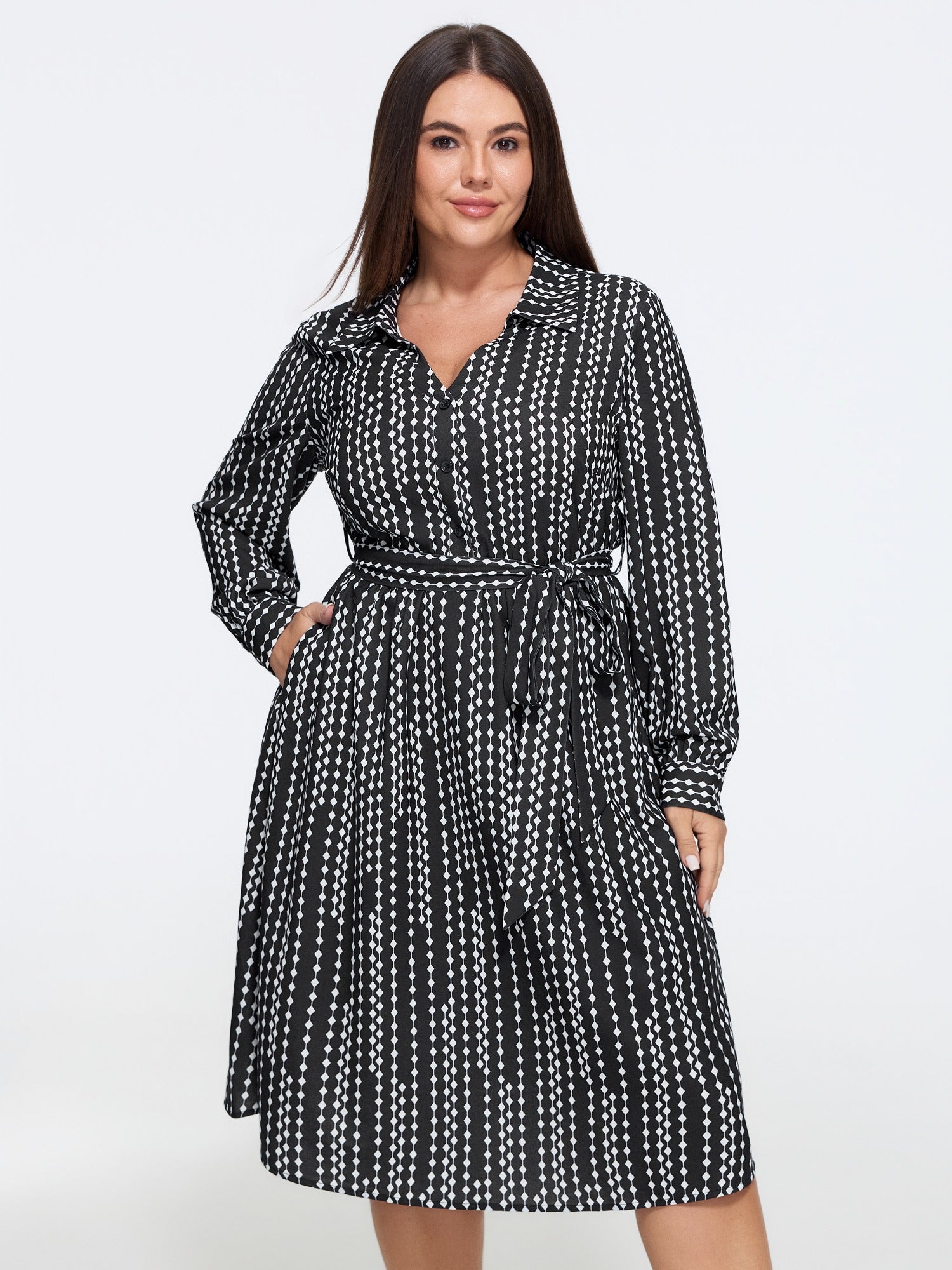 Geometric Print Tie Waist Midi Dress