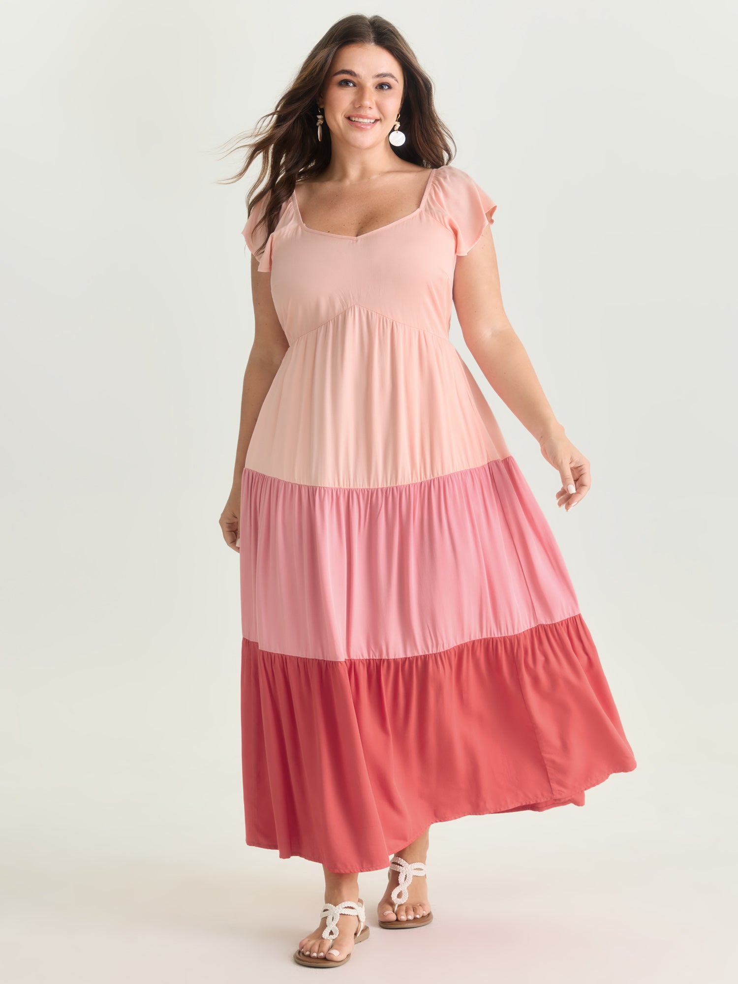 Colorblock Tiered Ruffled Sleeve Maxi Dress