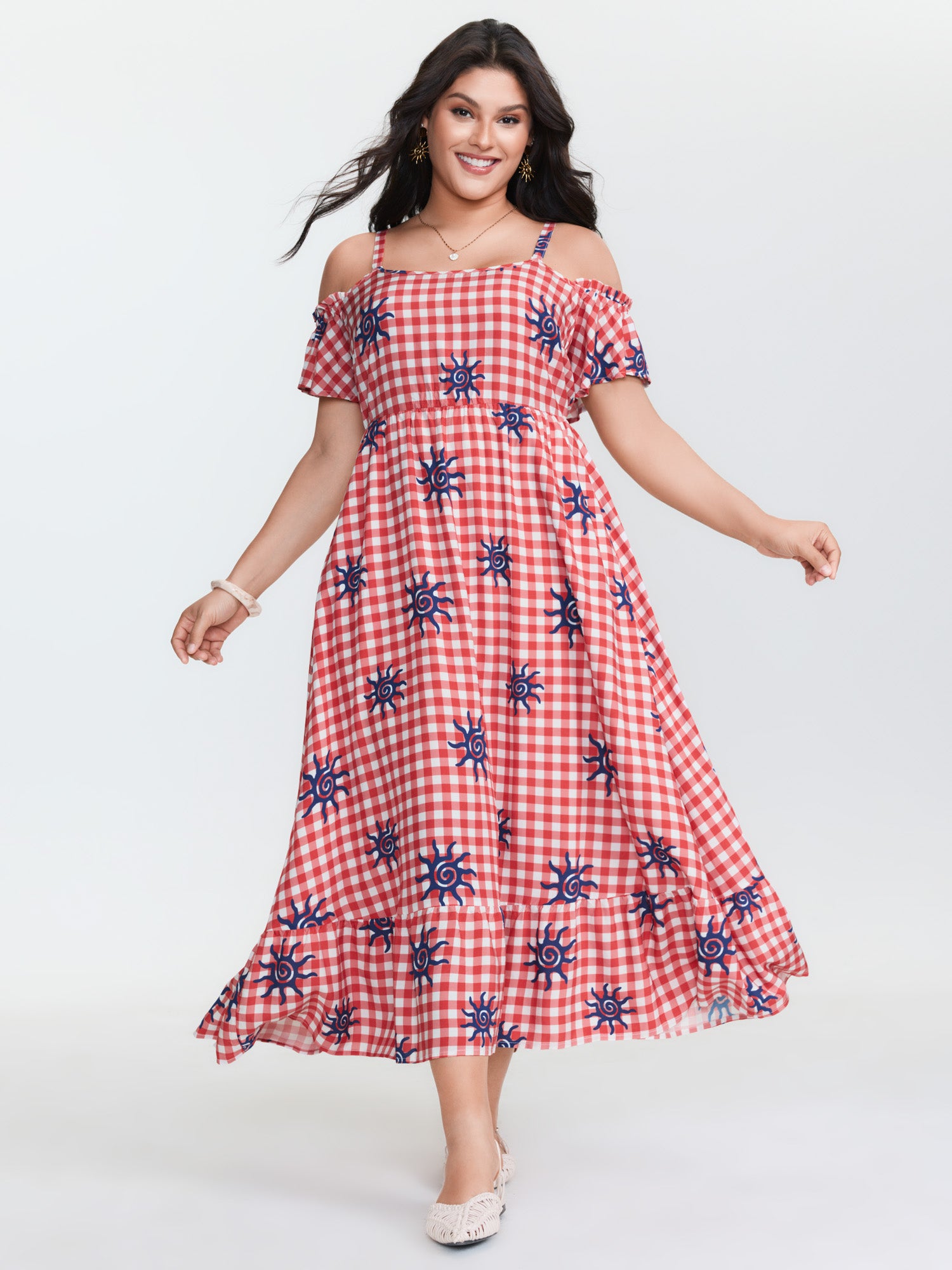 Gingham Floral Print Off-Shoulder Maxi Dress