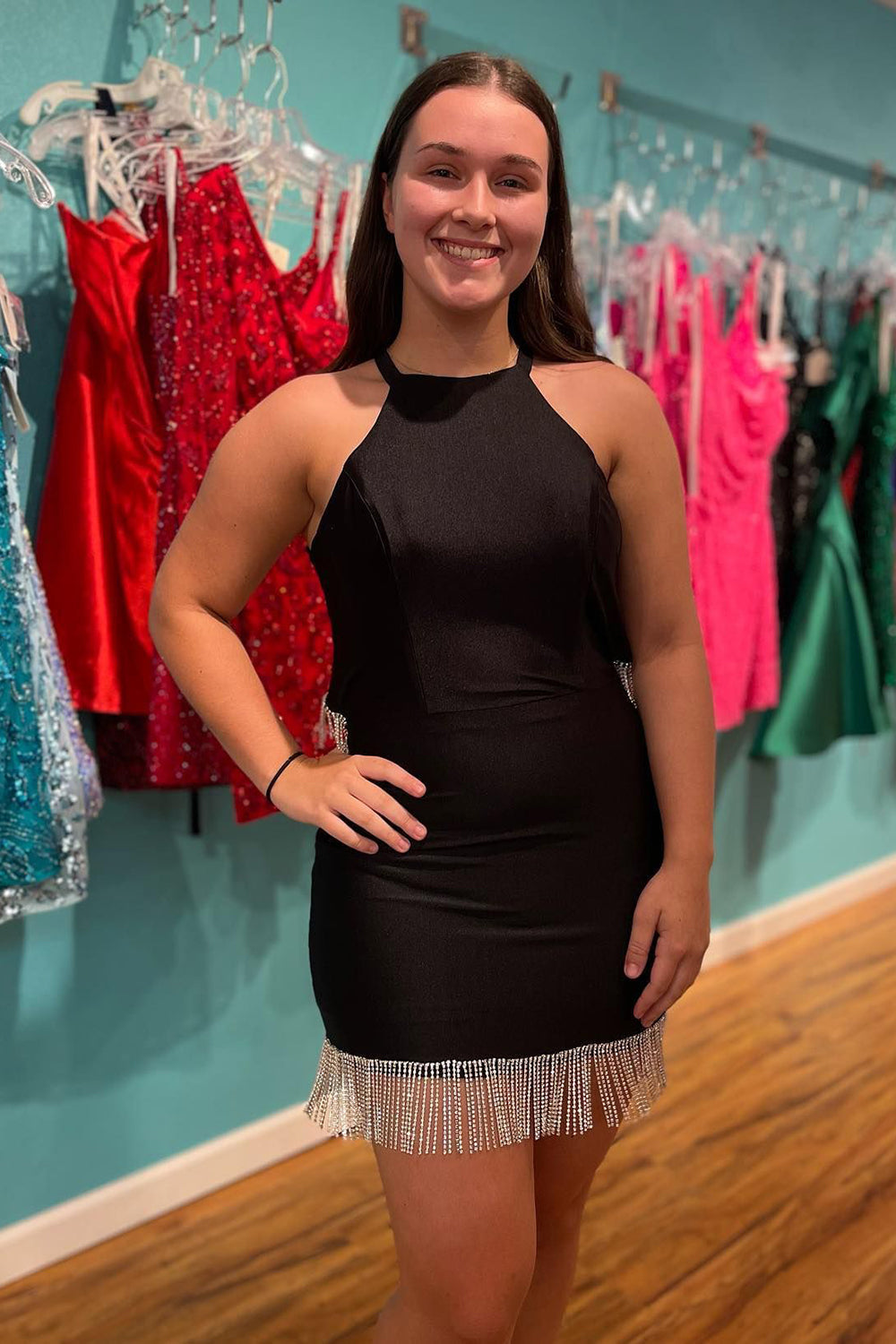 Black Halter Open Back Tight Short Homecoming Dress/Mini Dress with Fringes