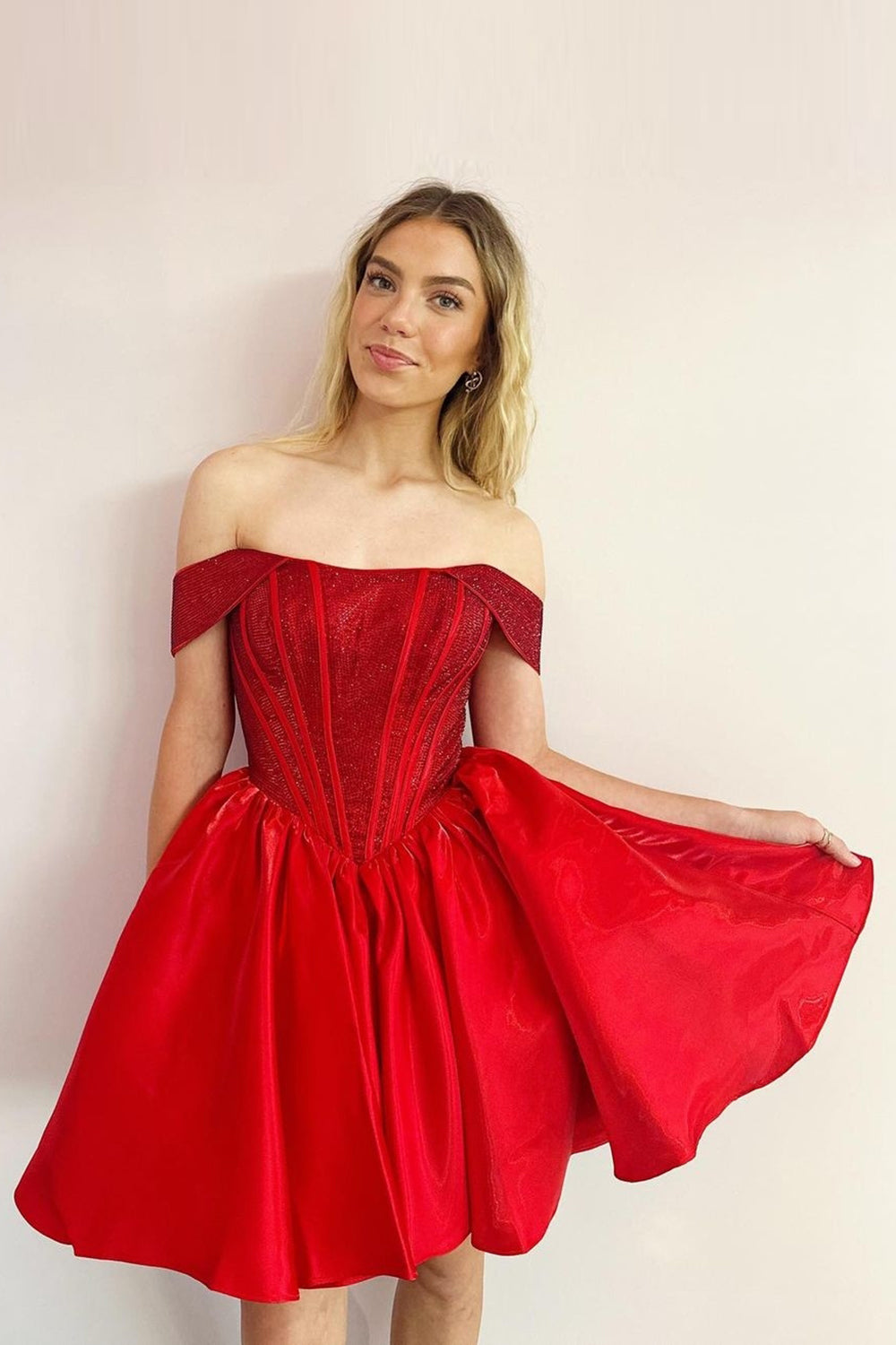 Red Sparkly Off The Shoulder Corset A Line Short Homecoming Dress/Mini Dress