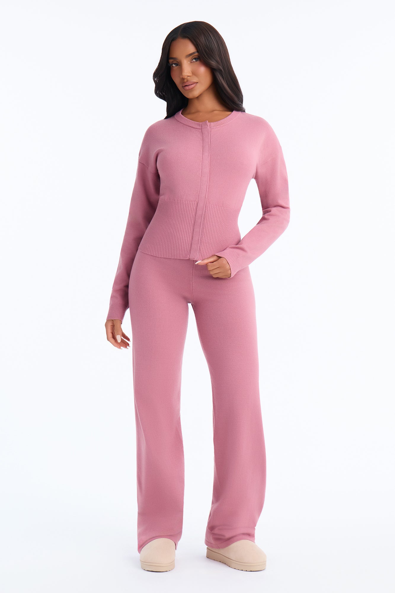Brina Knit Straight Leg Pant Set - Mauve