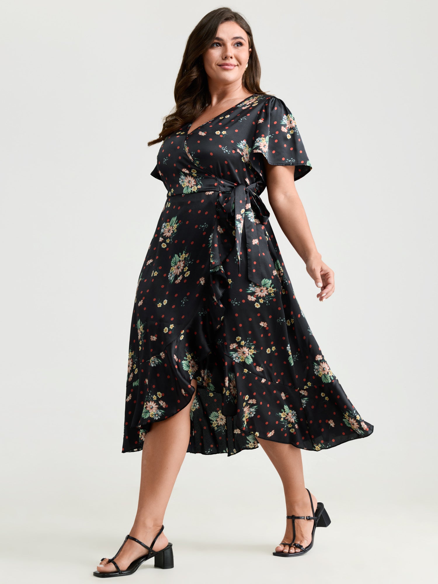 Polka Dot Floral Print Wrap Front Midi Dress