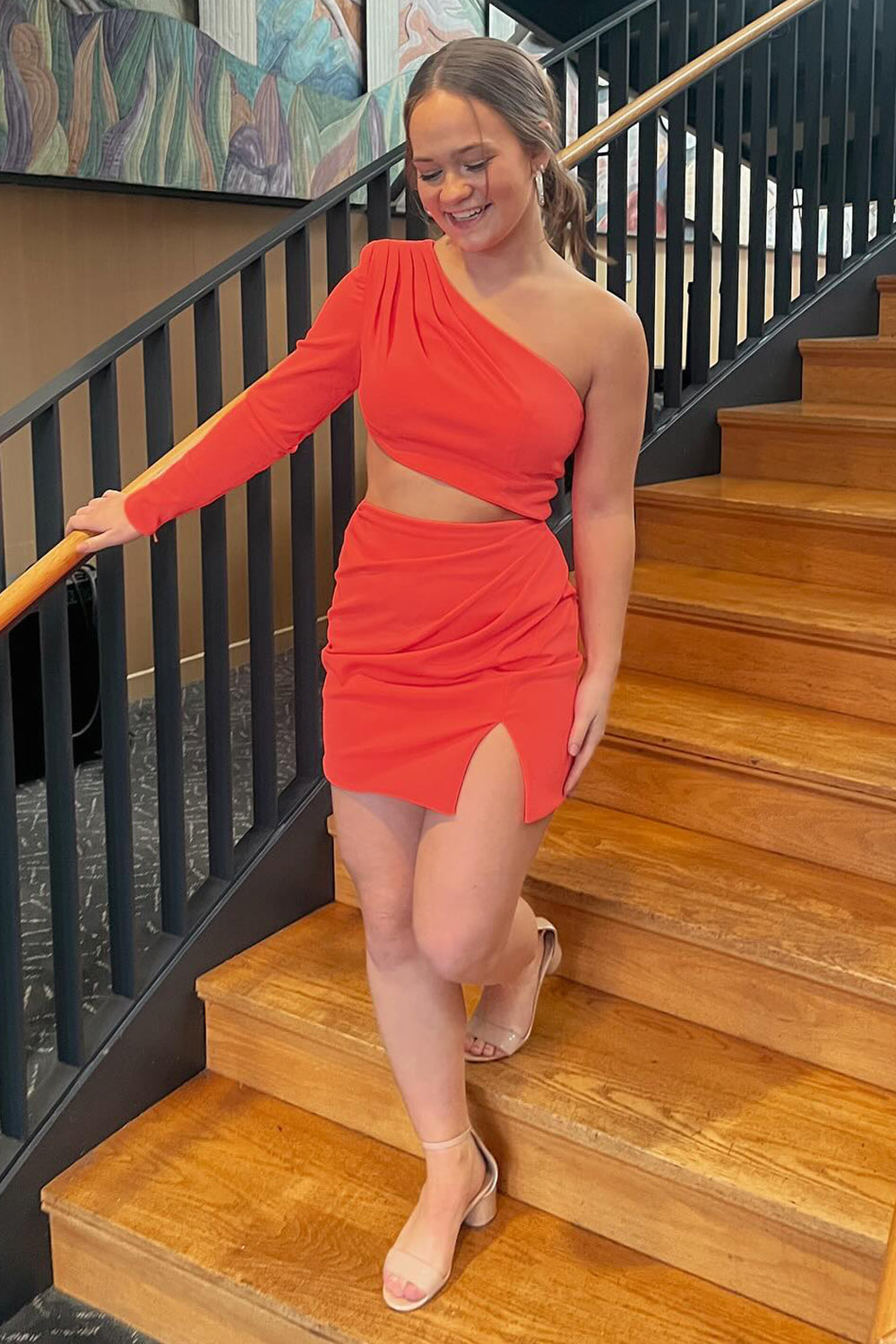 Red One Shoulder Bodycon Short Homecoming Dress/Mini Dress With Slit