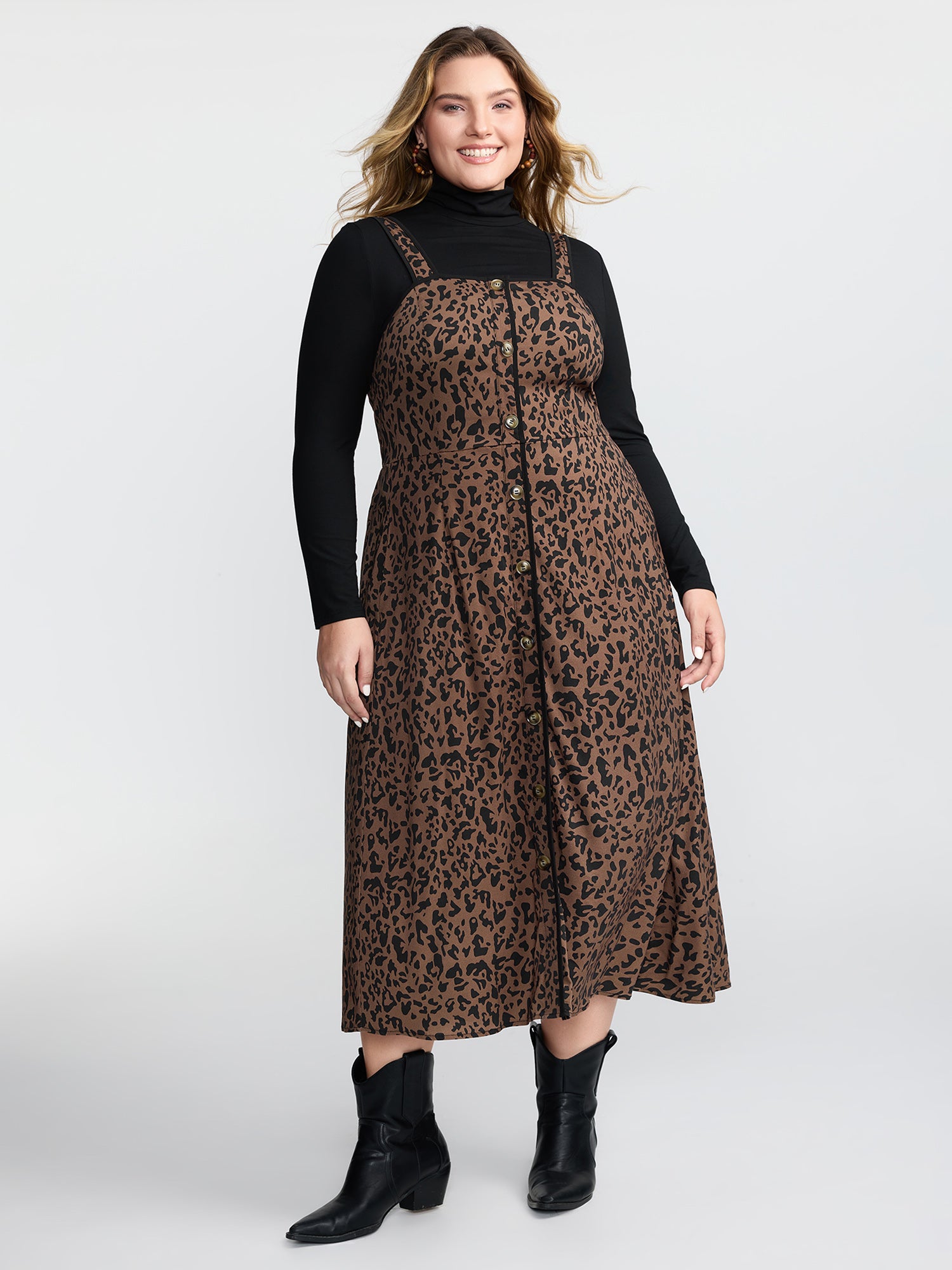Leopard Print Button Wide Strap Midi Dress