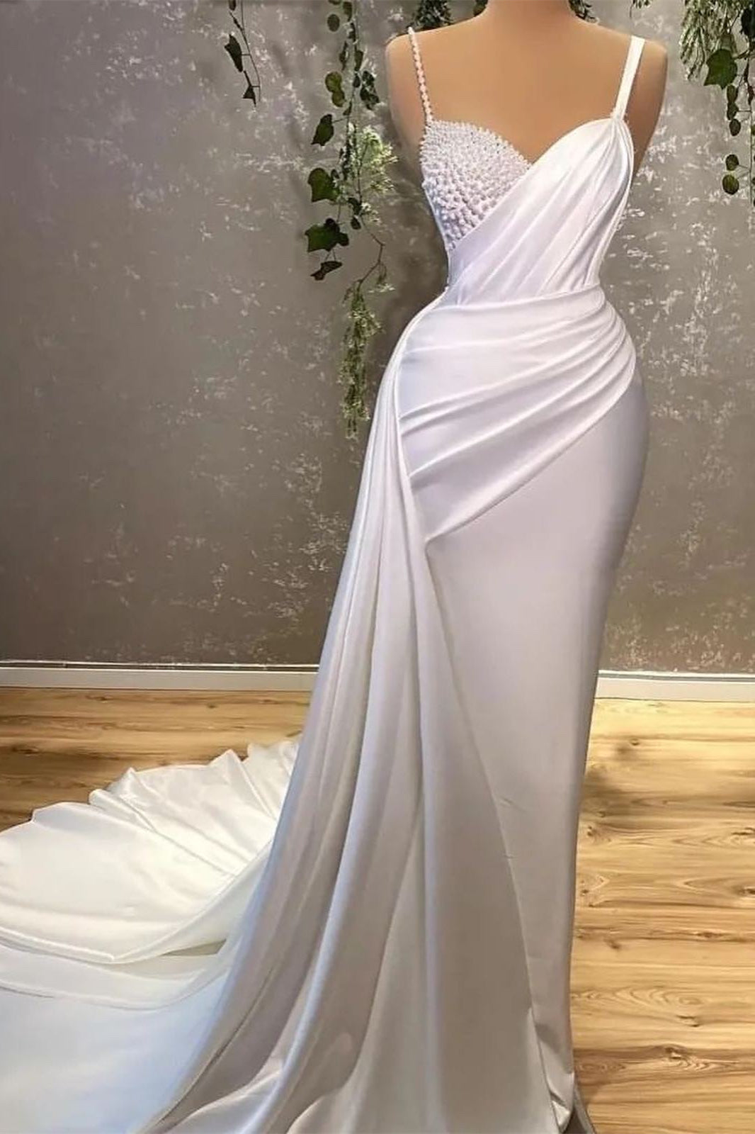 White Mermaid Spaghetti Strap Evening Dress Long With Pearls