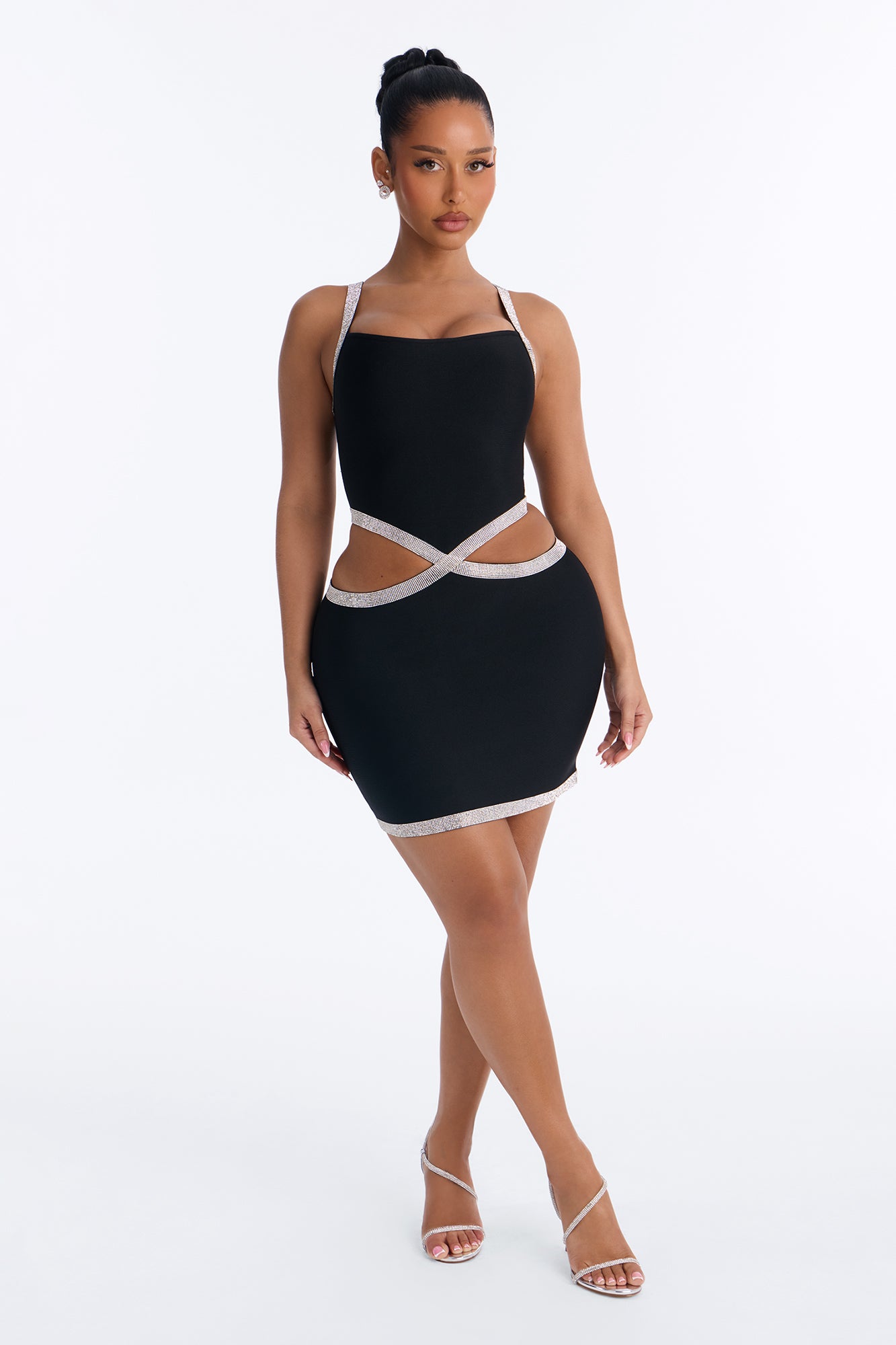 Ready Or Not Rhinestone Trim Bandage Mini Dress - Black