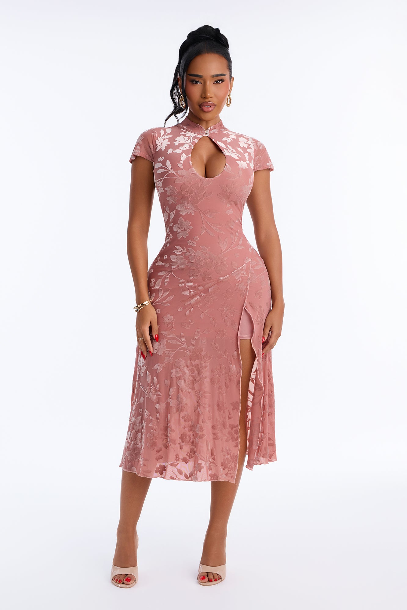 Melissa Mock Neck Flocked Midi Dress - Pink