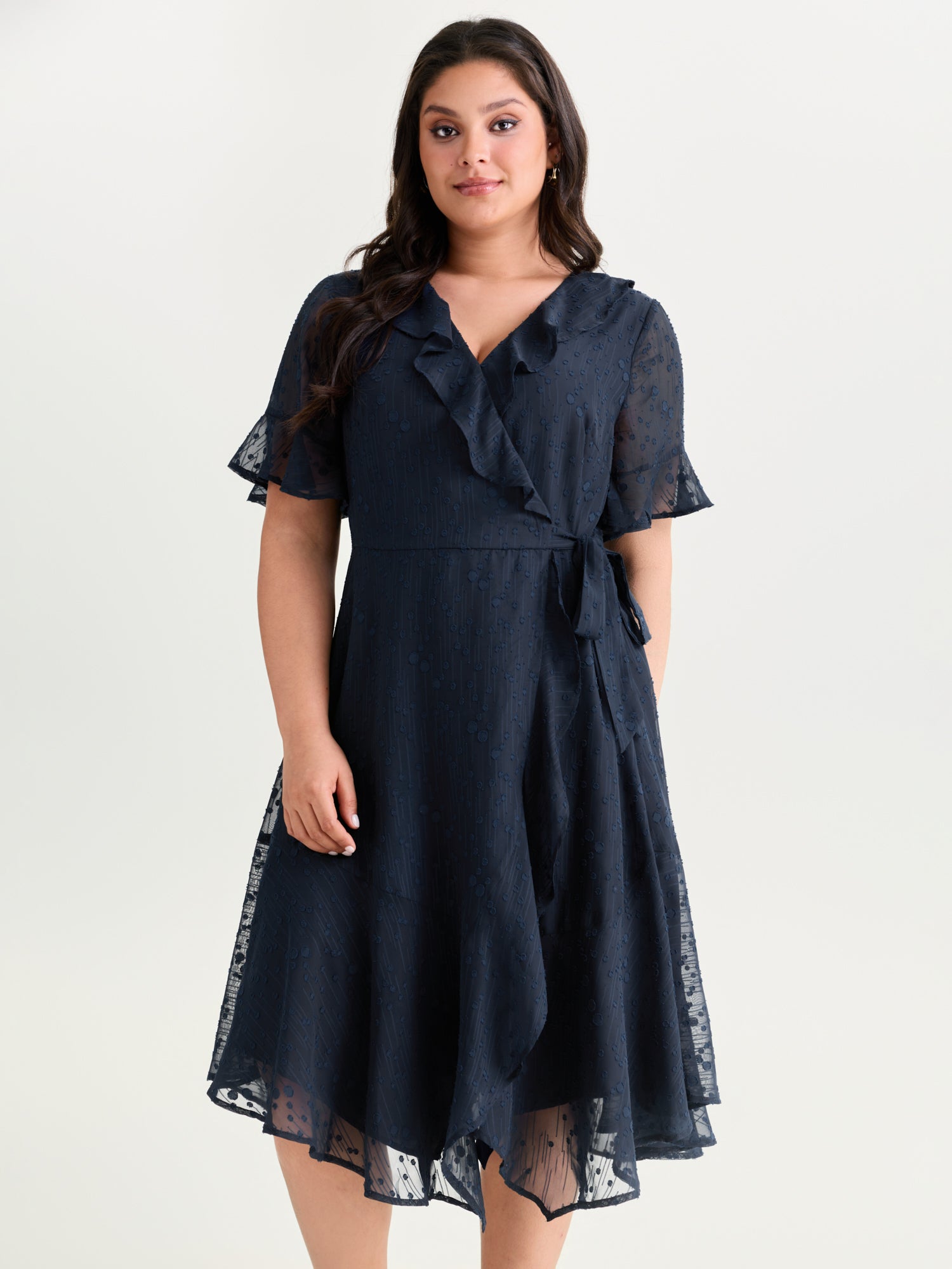 Ruffled Neckline Wrap Sheer Hem Midi Dress