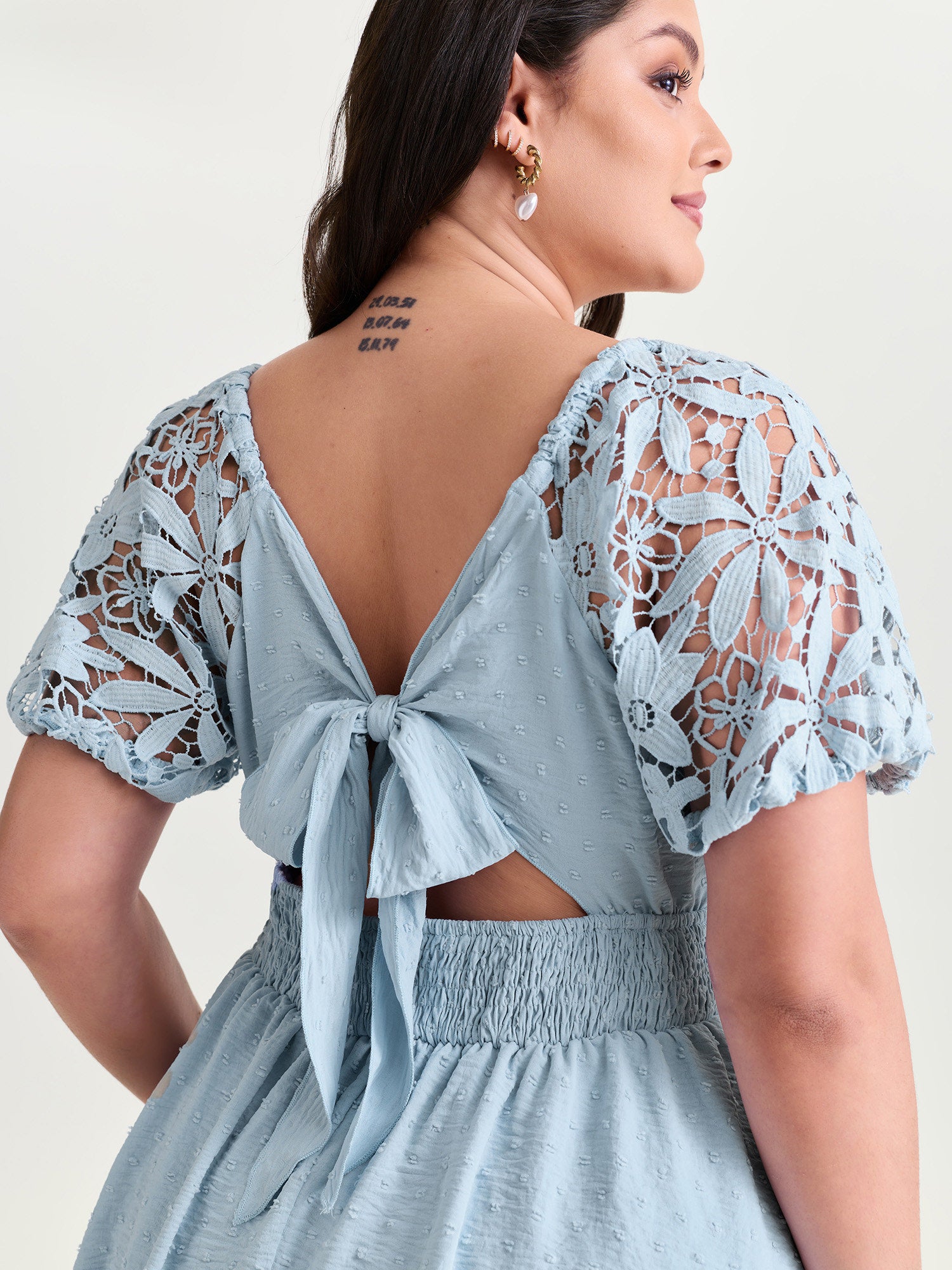 Sheer Lace Sleeve Open Back Mini Dress