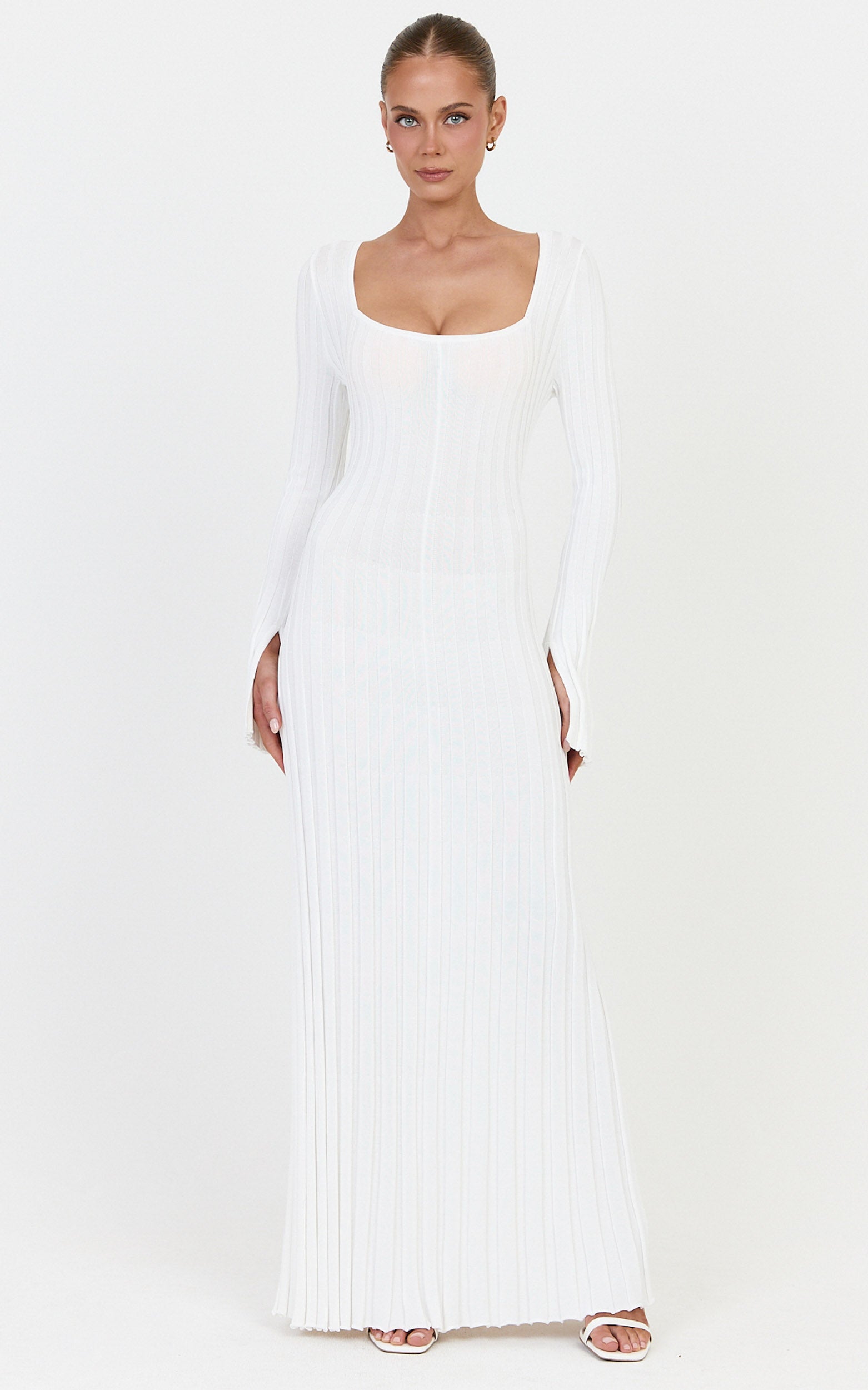 Alex Maxi Dress - Long Sleeve Square Neck Knit Dress in White