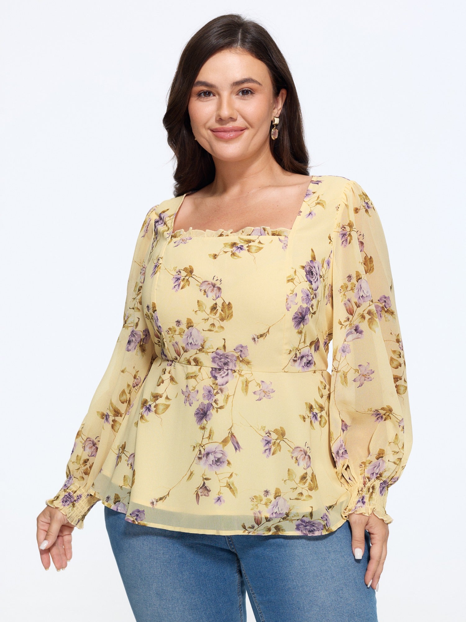 Square Neck Floral Print Ruffle Chiffon Blouse