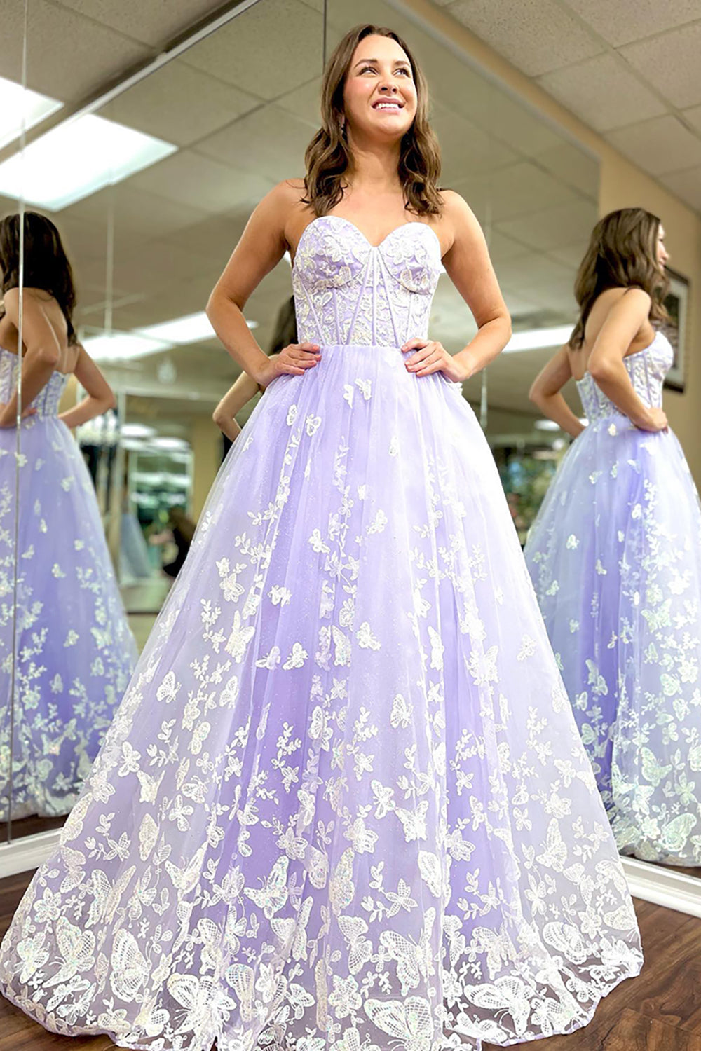 Long Corset Prom Dress with Lilac Sweetheart Princess Tulle and Embroidery Appliques