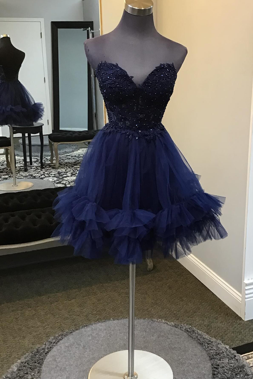 Sparkly Navy Beaded A Line Short Homecoming Dress/Mini Dress with Appliques