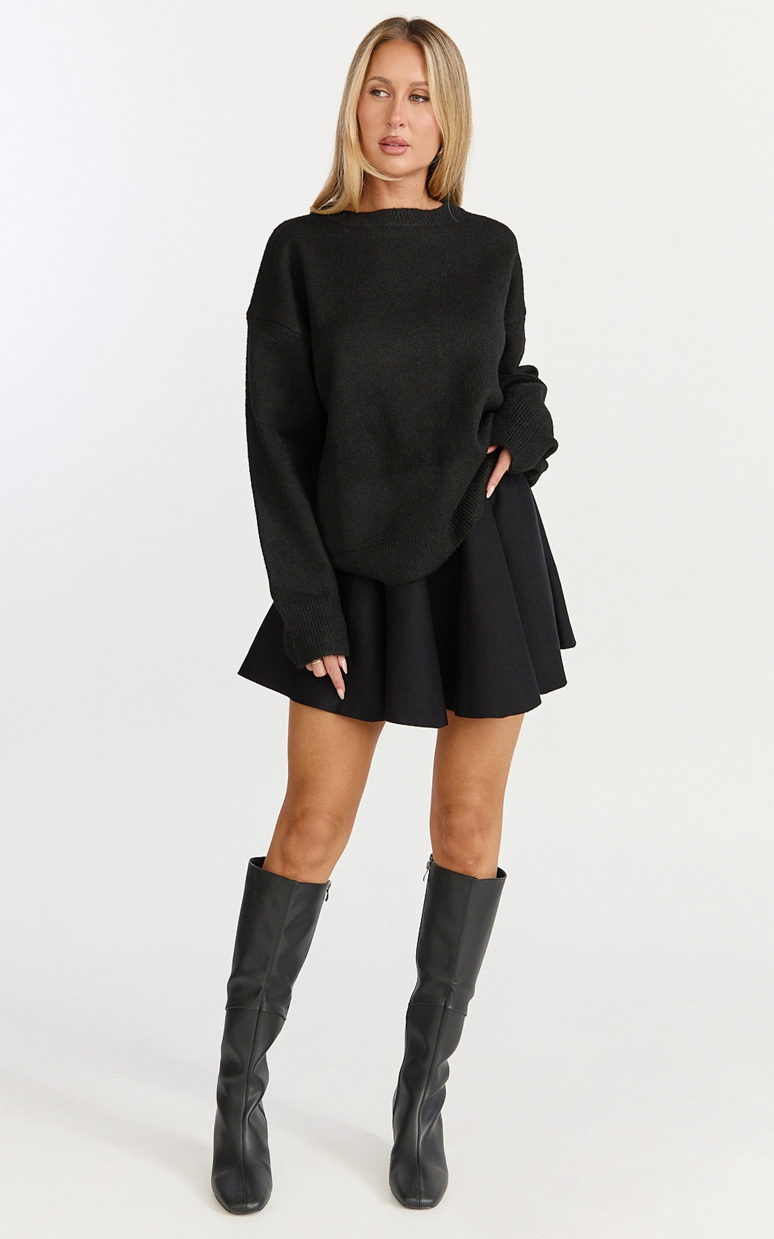 Farrah Mini Skirt - High Waisted A Line Skirt in Black