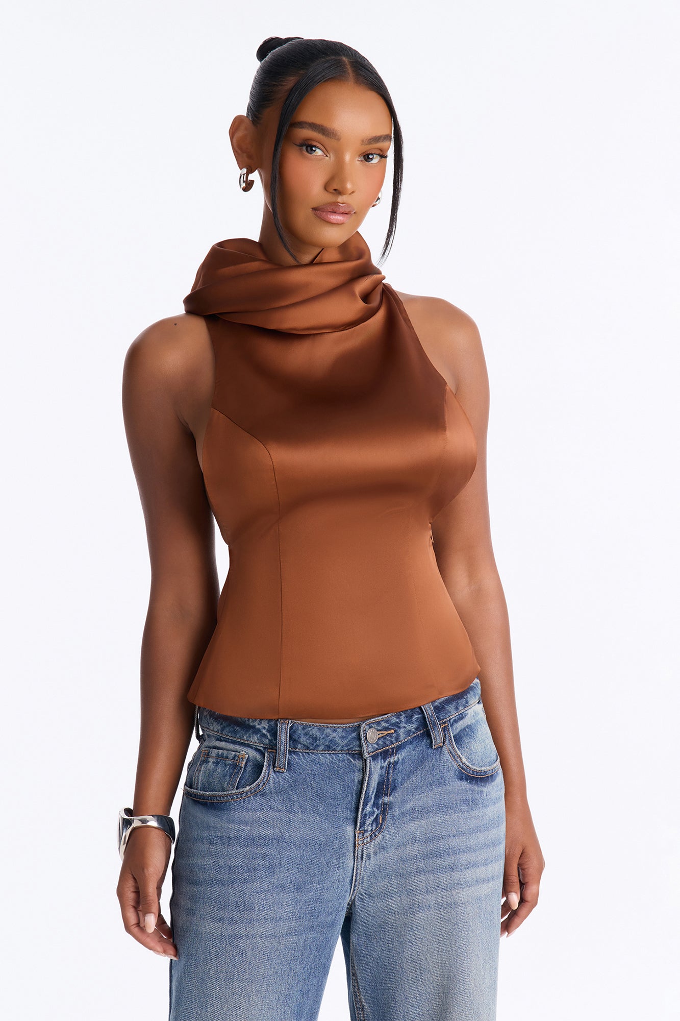 True Spark Funnel Neck Satin Blouse - Chocolate