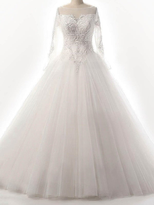 Elegant Ball Gown Long Sleeves Bateau Tulle Floor-Length Wedding Dresses