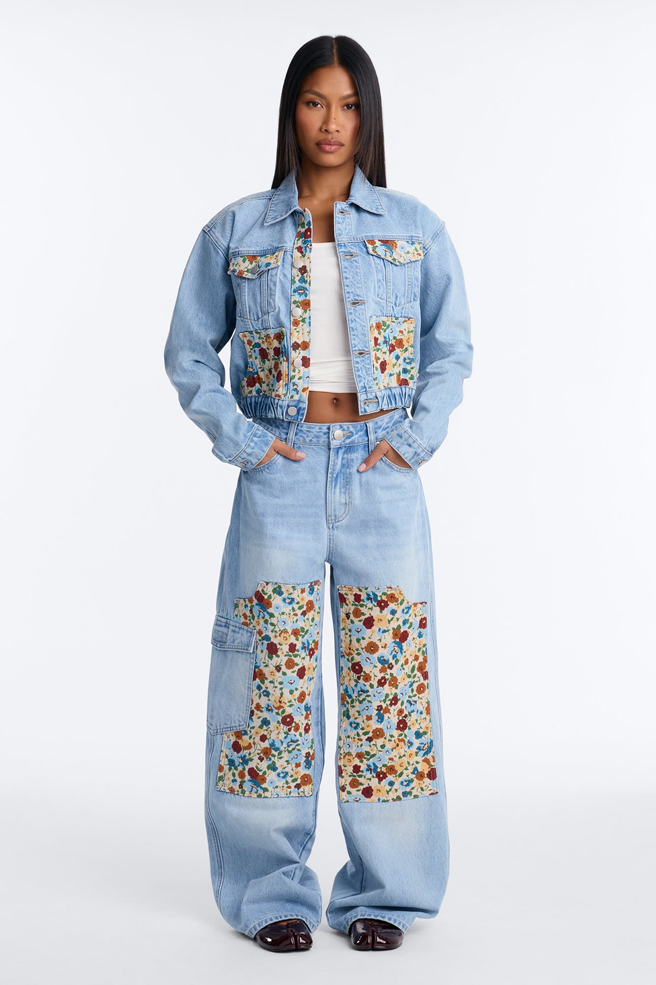 Keepsake Tapestry Cargo Wide Leg Jeans - Light Wash