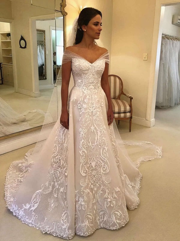 Elegant V-neck Off-The-Shoulder A-Line Lace Wedding Dresses with Chapel Train