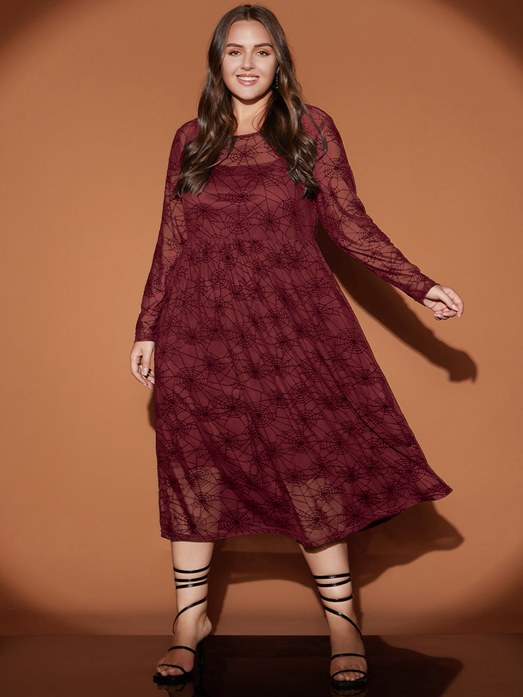 Halloween Spider Web Round Neck Mesh Patchwork Midi Dress