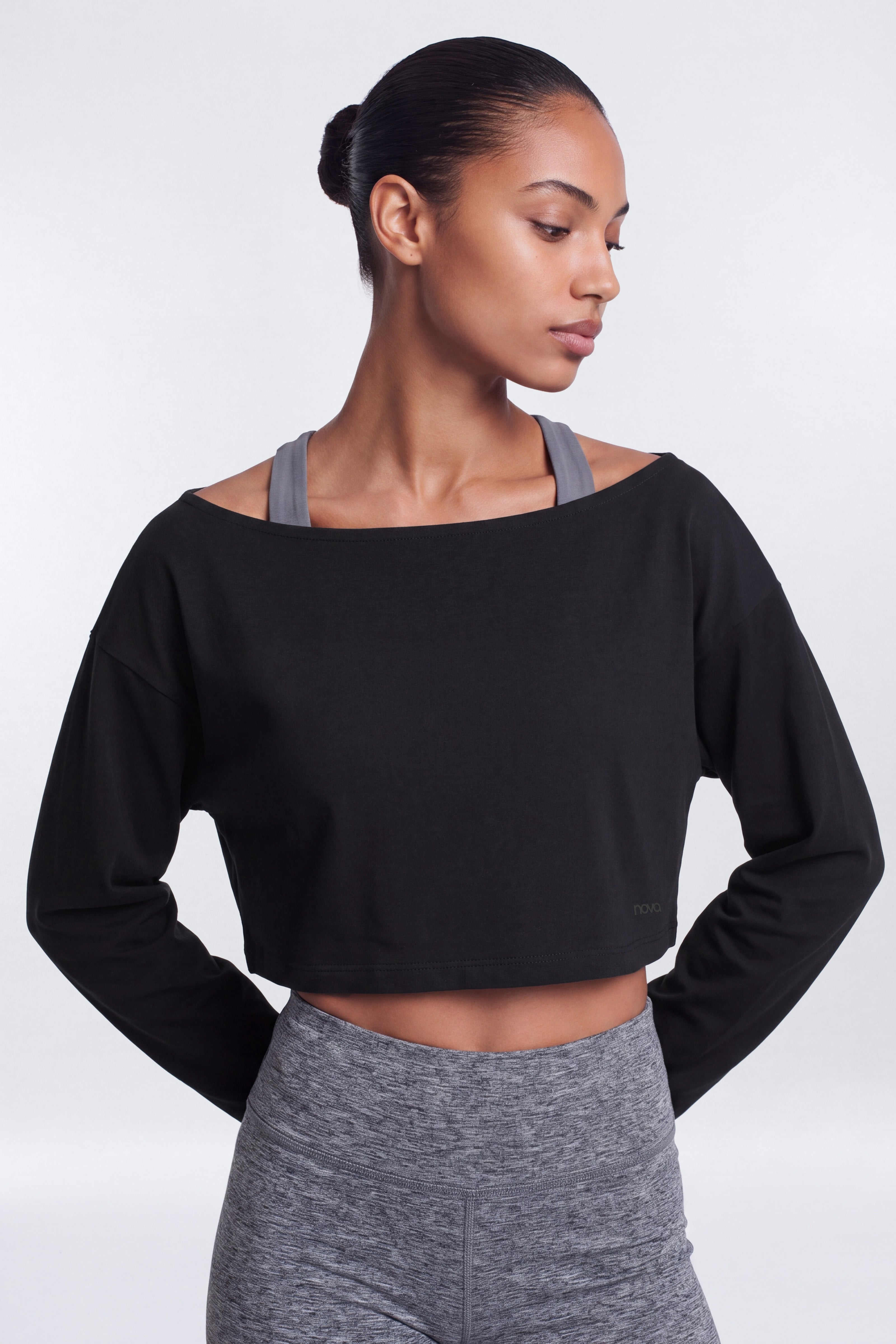 Cotton Jersey Off Shoulder Long Sleeve Crop Top - Black