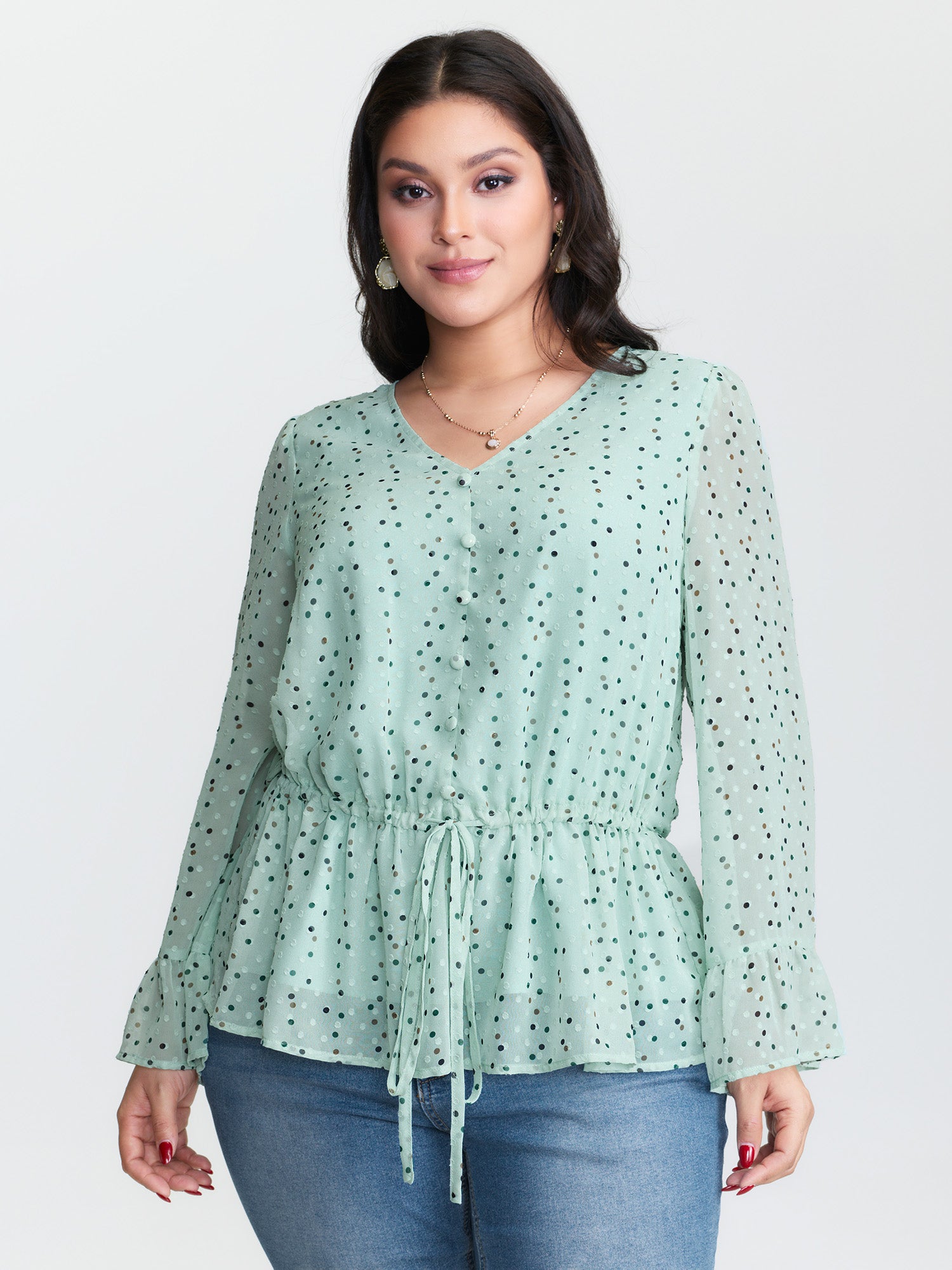 Polka Dots Waist-Tie V-Neck Blouse