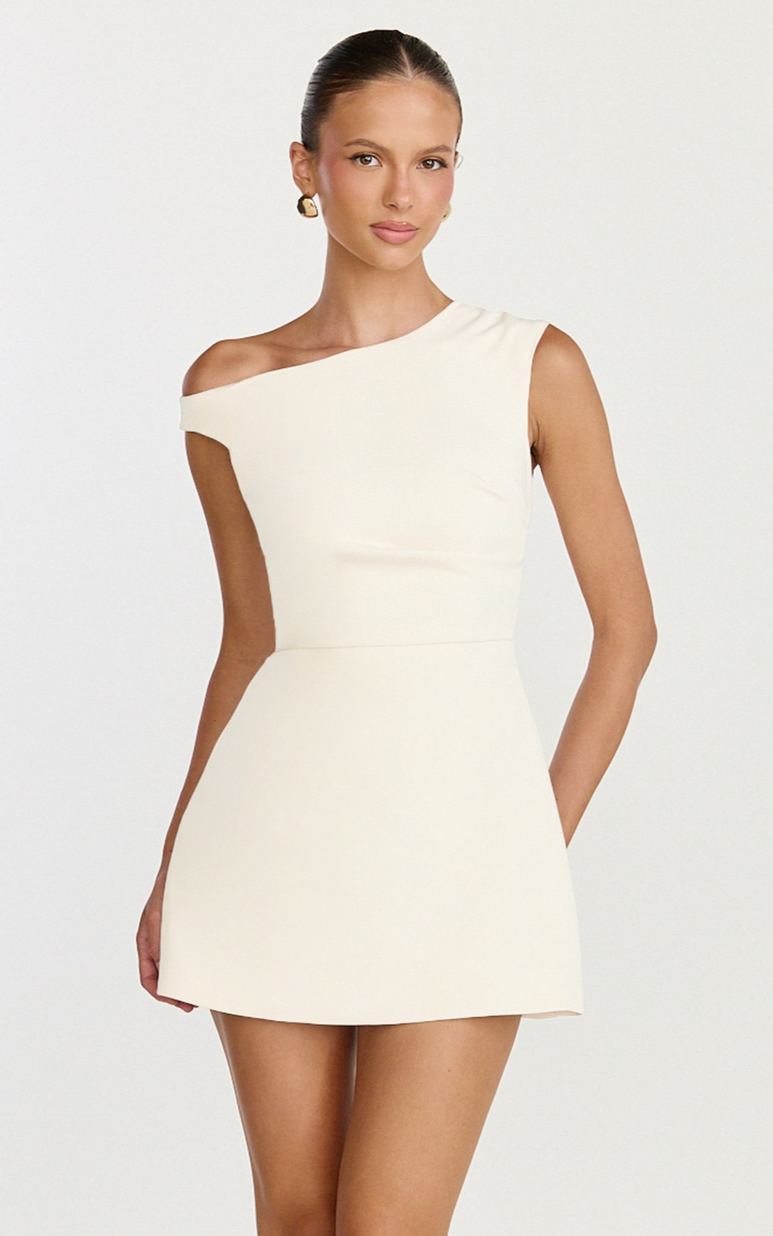 Claire Mini Dress - Tipped Shoulder Tulip Skirt Dress in White