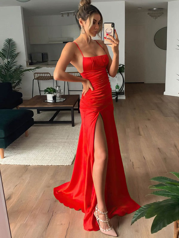 Glamorous Column Square Neck Spaghetti Straps Satin Sweep Train Ruffles Bridesmaid Dresses with Split