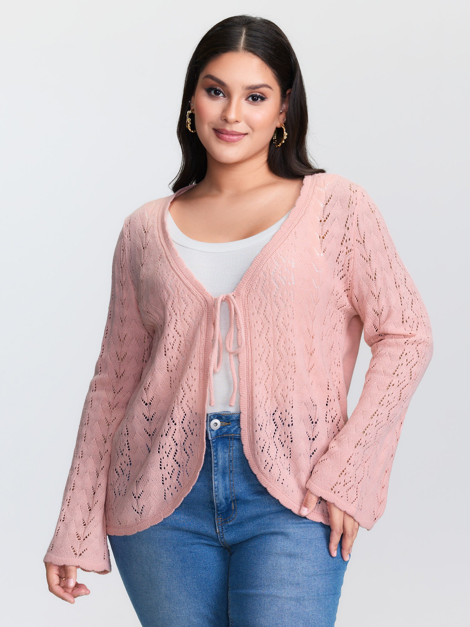 Cut-Out Curvy Front-Tie Knit Cardigan