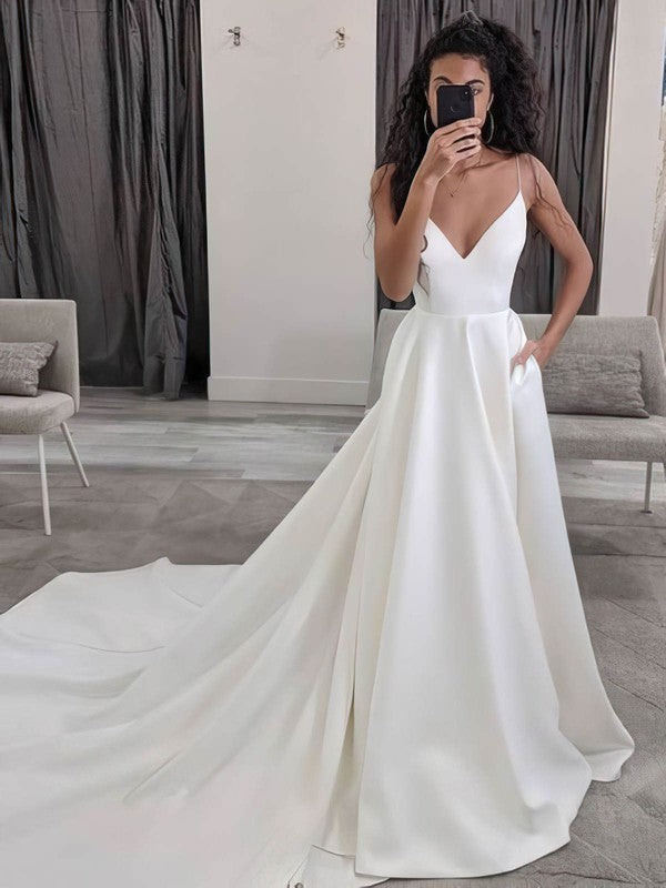 Classic Deep V-Neck Spaghetti Straps Satin Chapel Train Wedding Dresses with Pockets