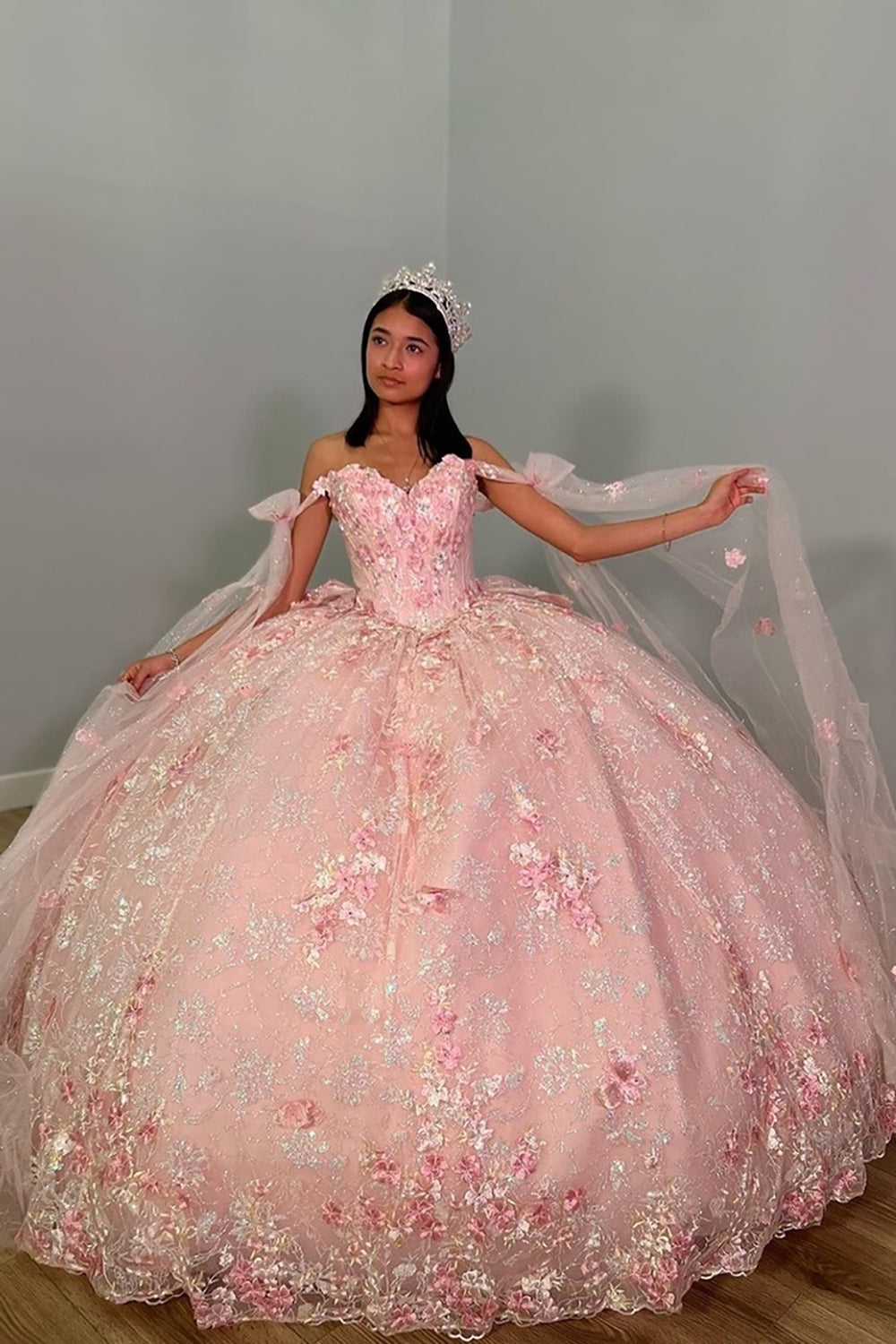 Princess Quinceanera Dress in Dusty Rose with Off-the-Shoulder Bow Applique