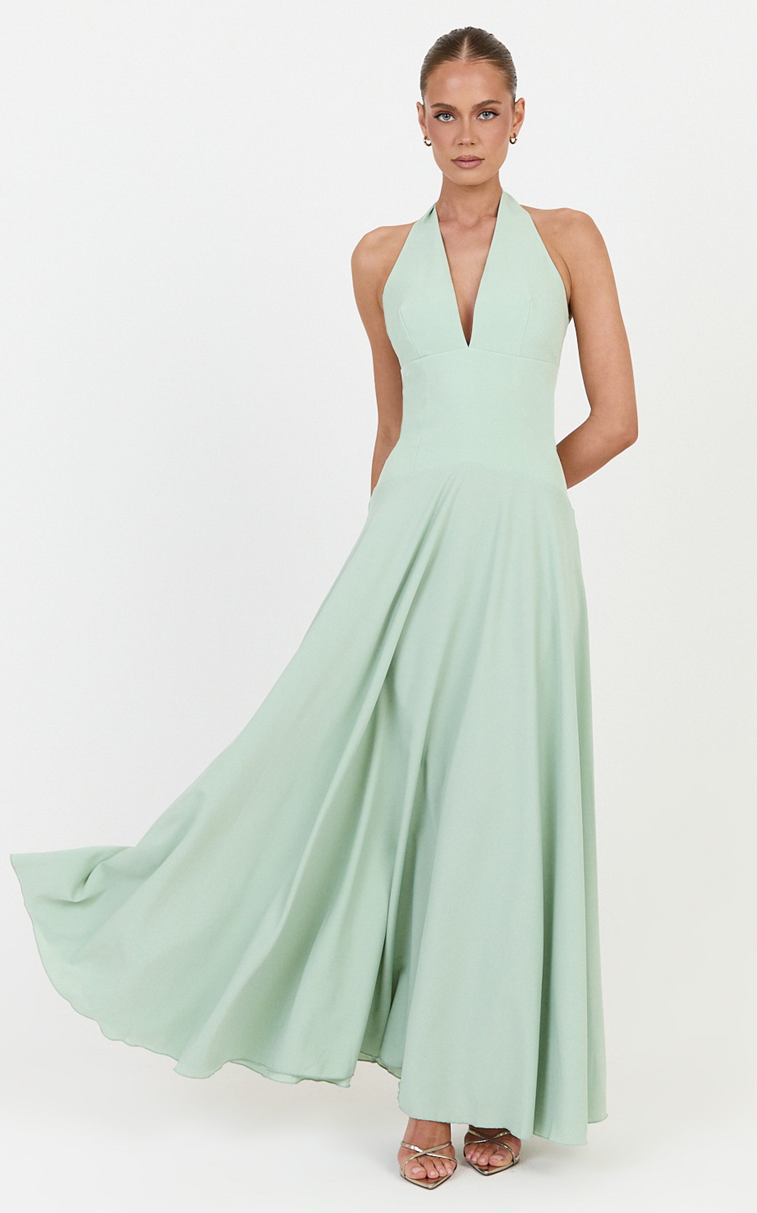 Poppy Maxi Dress - Contrast Skirt Deep Plunge Halter Dress in Sage