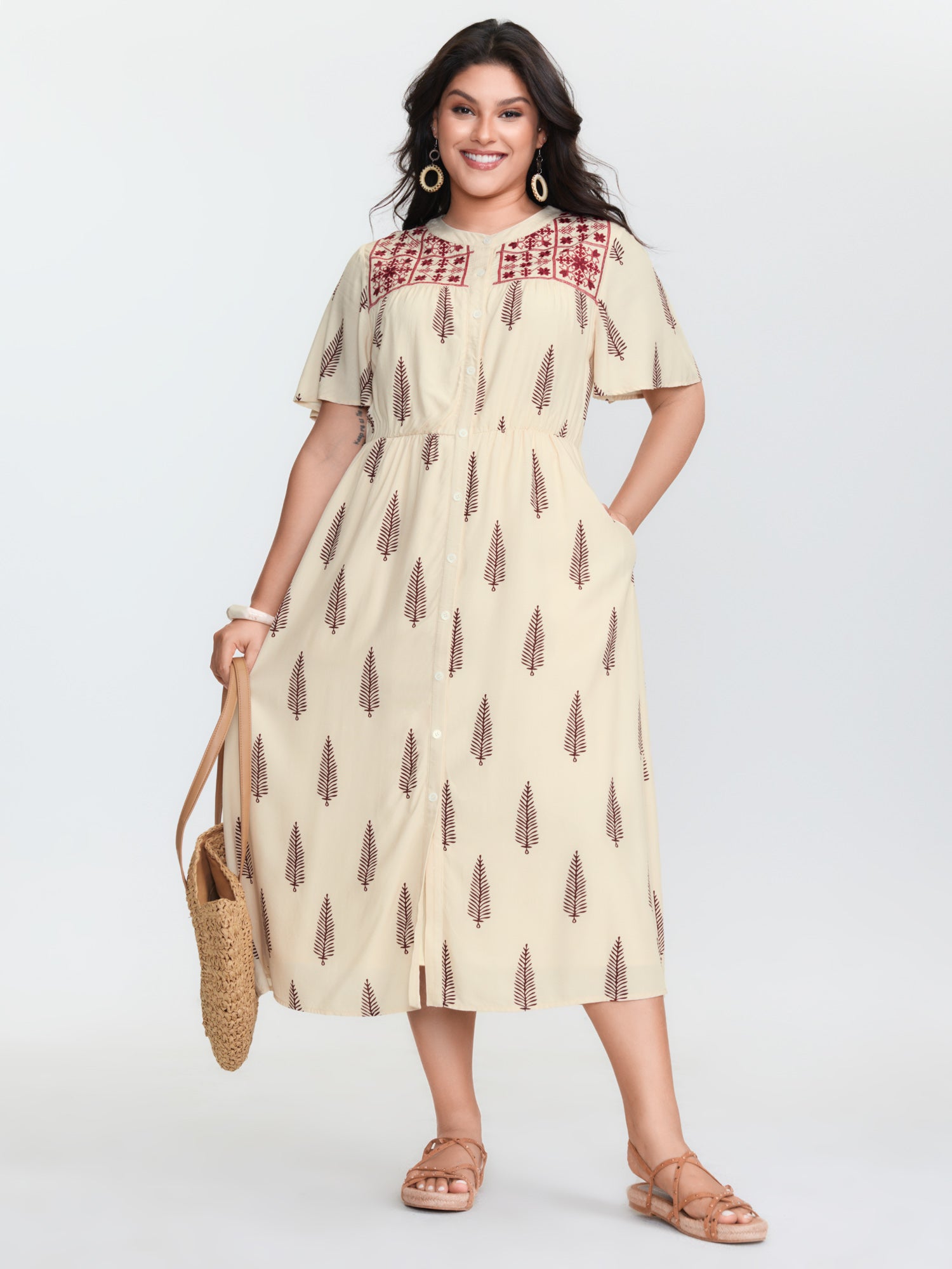 Floral Print Color Contrast Pockets Midi Dress