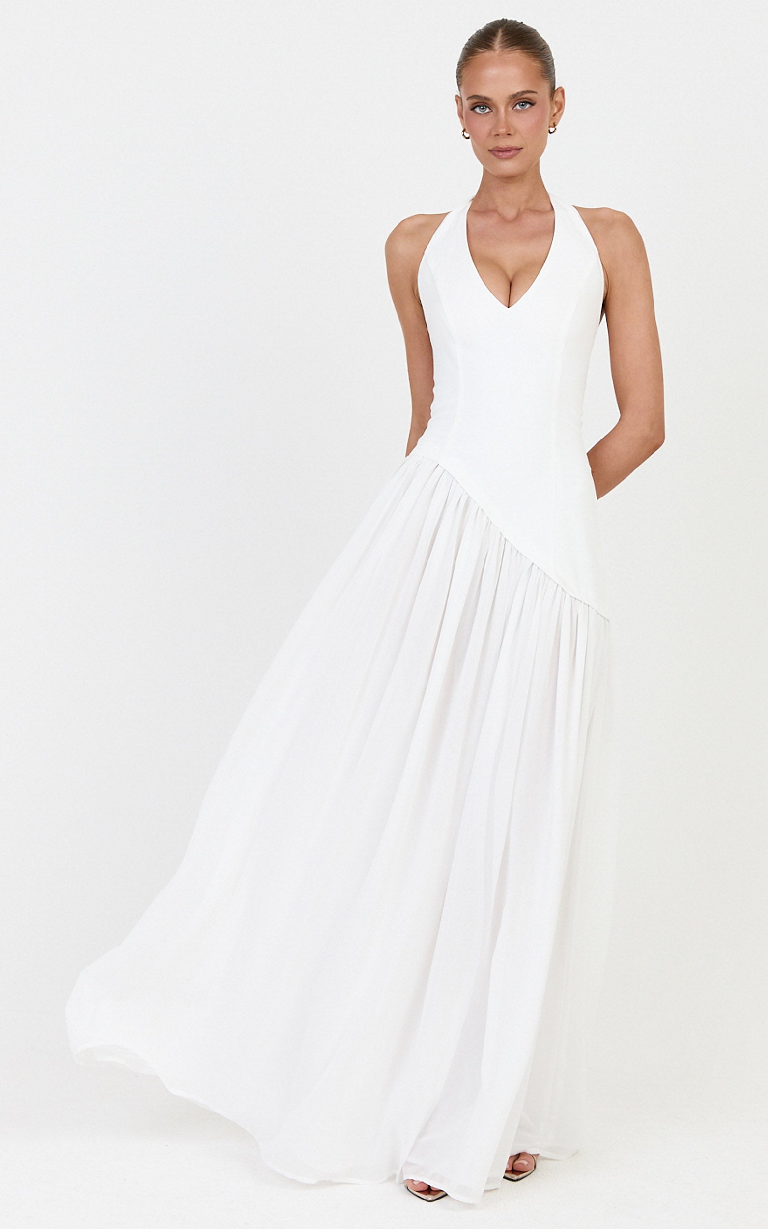 Calla Maxi Dress - Halter Neck Asymmetric Dropped Waist Dress in White