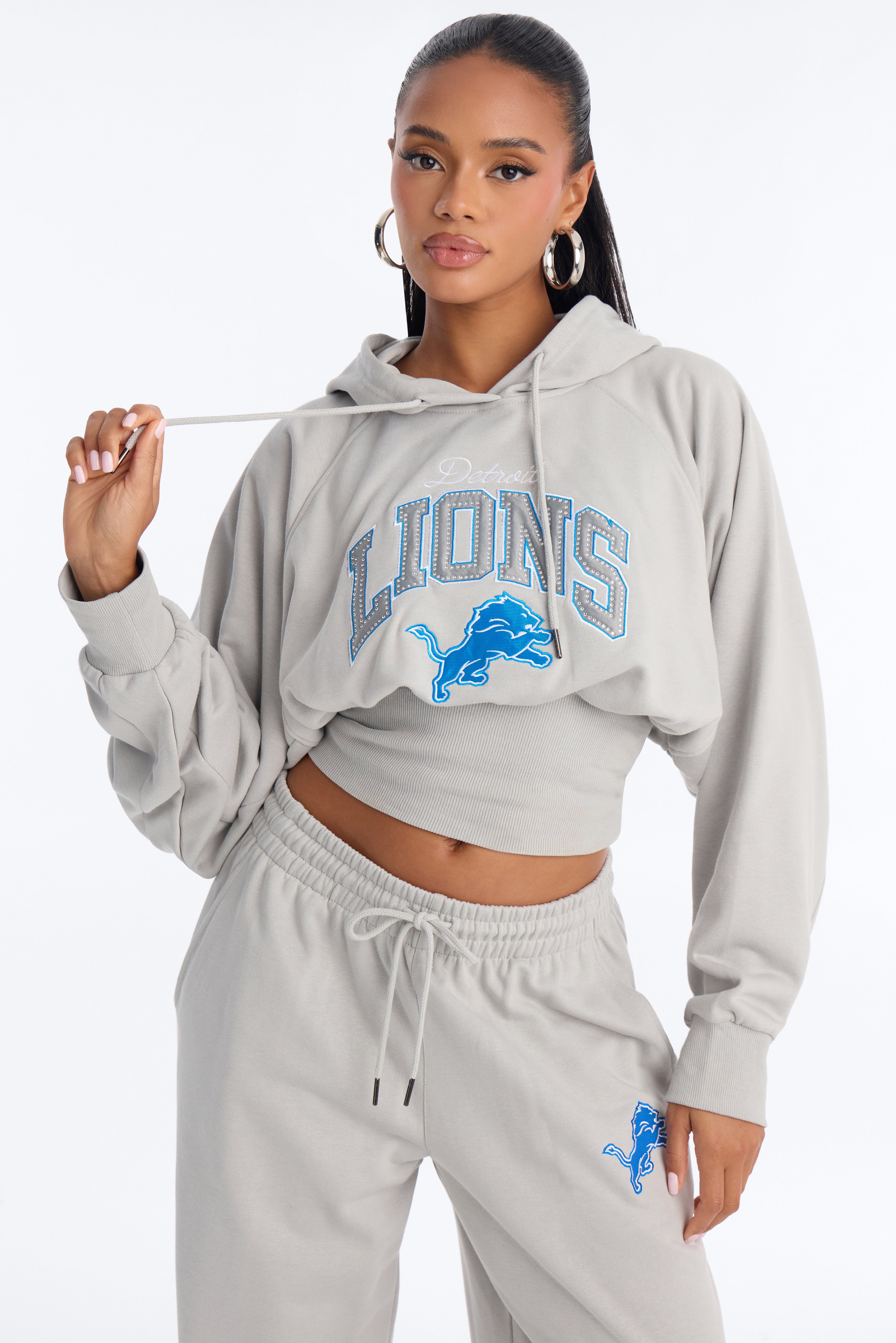NFL Lions Cinched Rhinestone Hoodie Sweatshirt - Grey