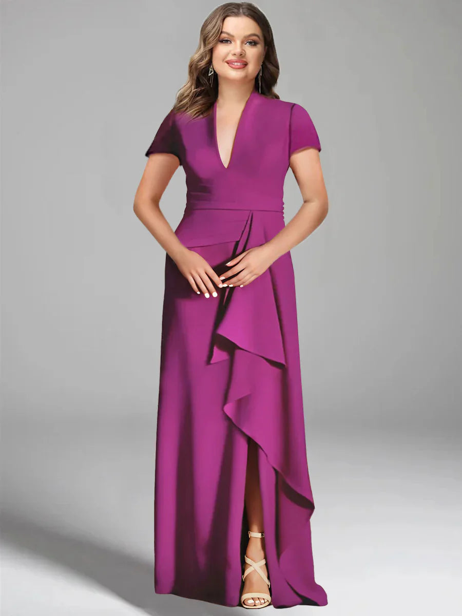 V-Neck Short Sleeve Plus Size Mother of the Bride Floor-Length Sheath Dress with Side Split