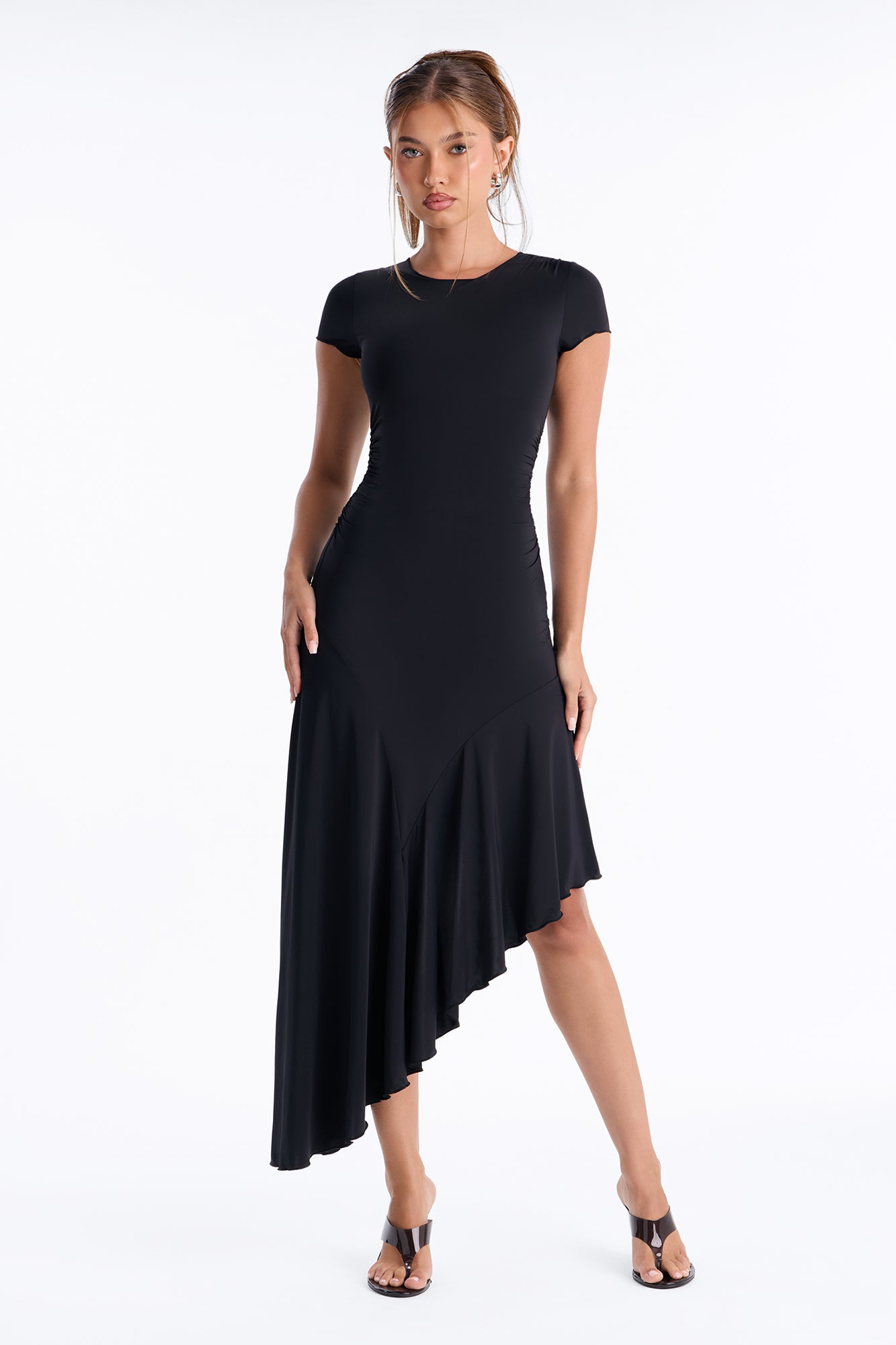 Rachel Drop Waist Asymmetrical Midi Dress - Black