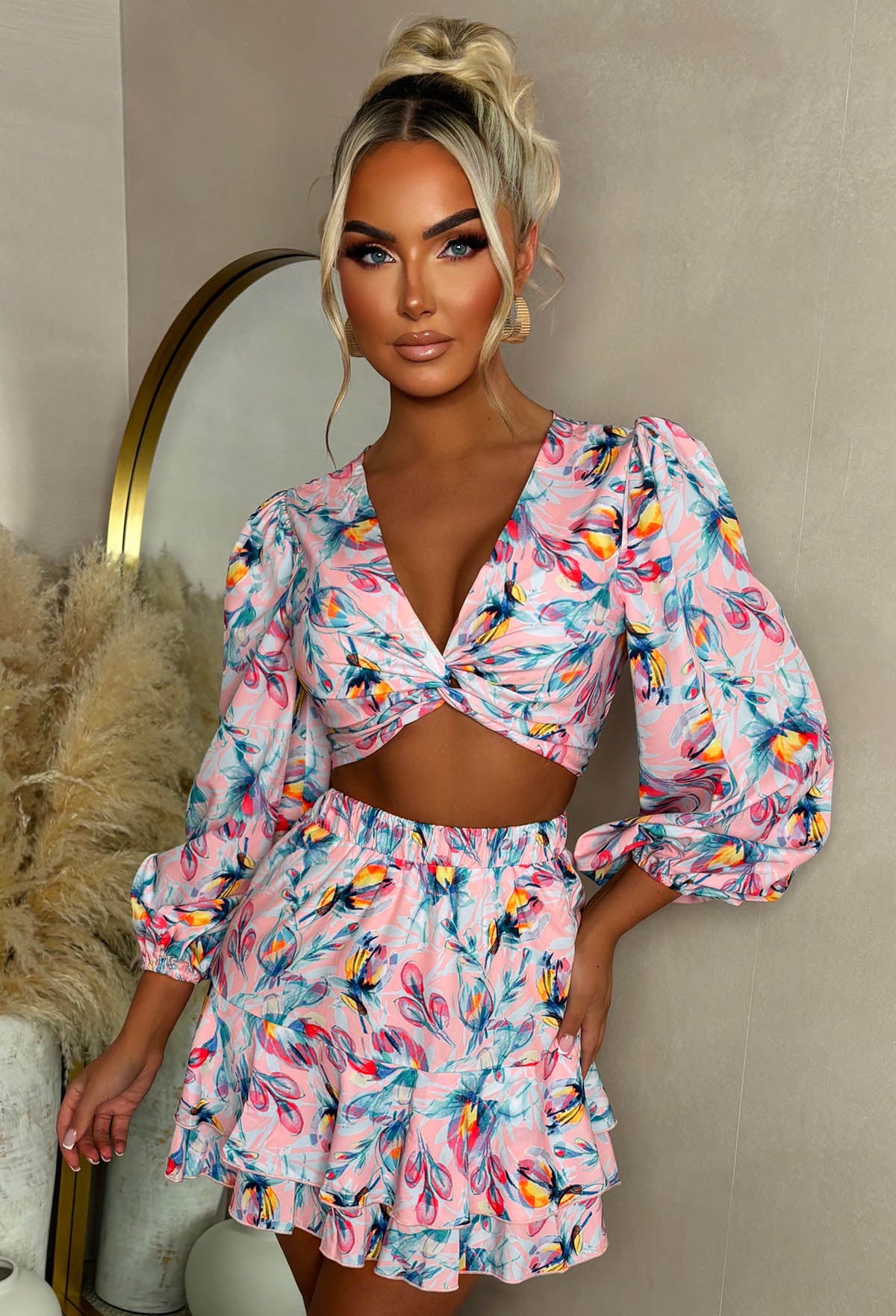 Sunkissed Siren Light Pink Knot Detail Ruffle Skirt Co-Ord
