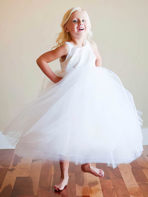 Elegant Crew Neck Sleeveless Tulle Ankle-Length Flower Girl Dresses