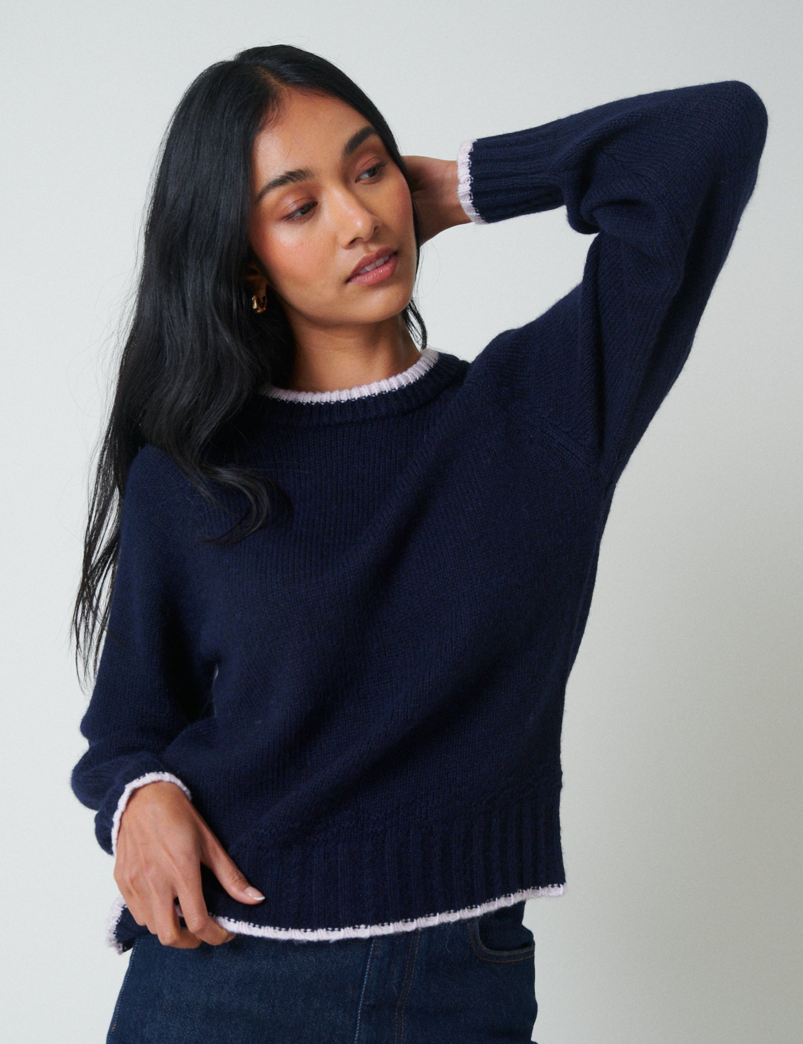 Navy Contrast Trim Knitted Jumper