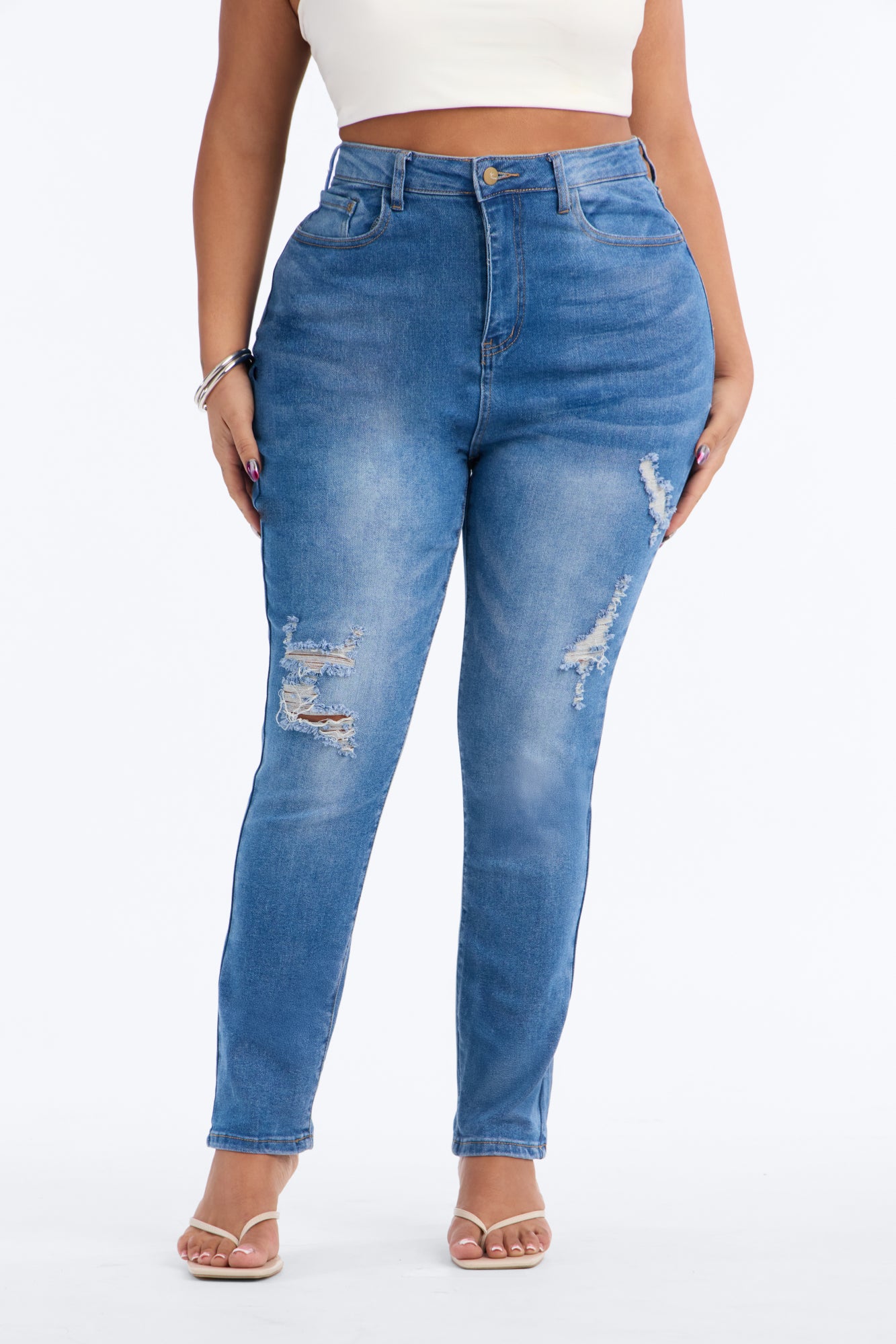 Get It Going High Rise Ripped Skinny Jeans - Medium Wash