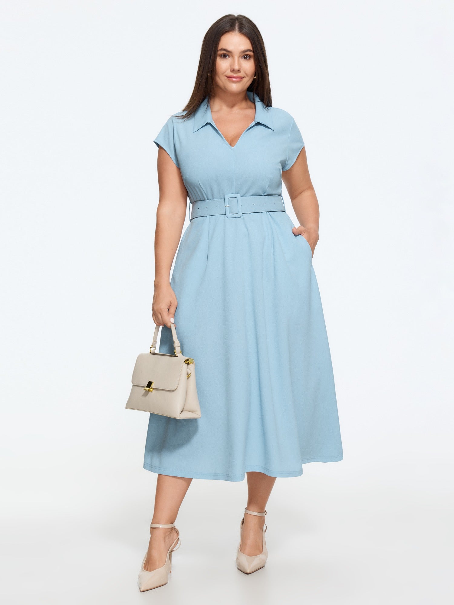 Solid Lapel Collar Belted Midi Dress