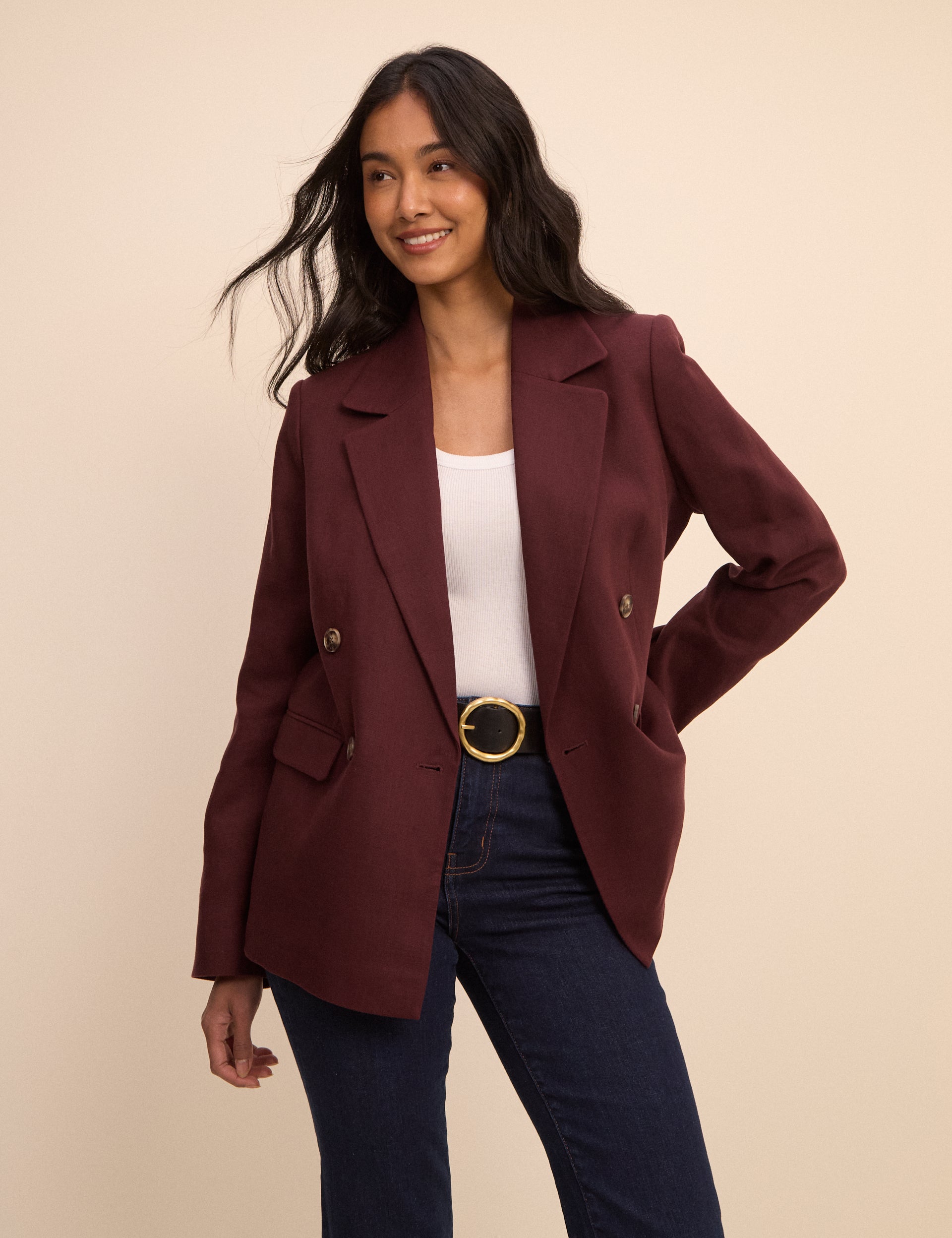Burgundy Double Breasted Linen-Blend Alicia Blazer